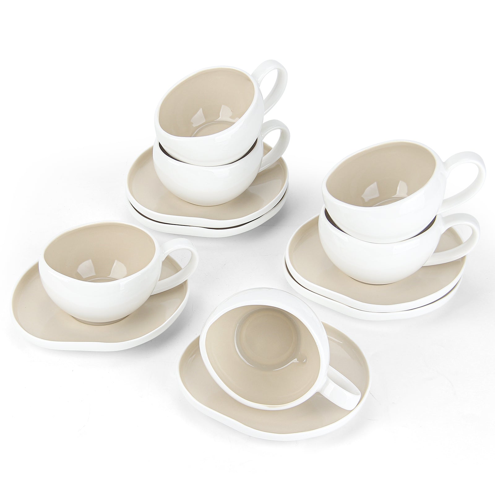 6-teiliges Keramik Cappuccinotassen Set mit Untertassen (200ml), gewelltes Design, Weiß/Creme, spülmaschinen- & mikrowellenfest