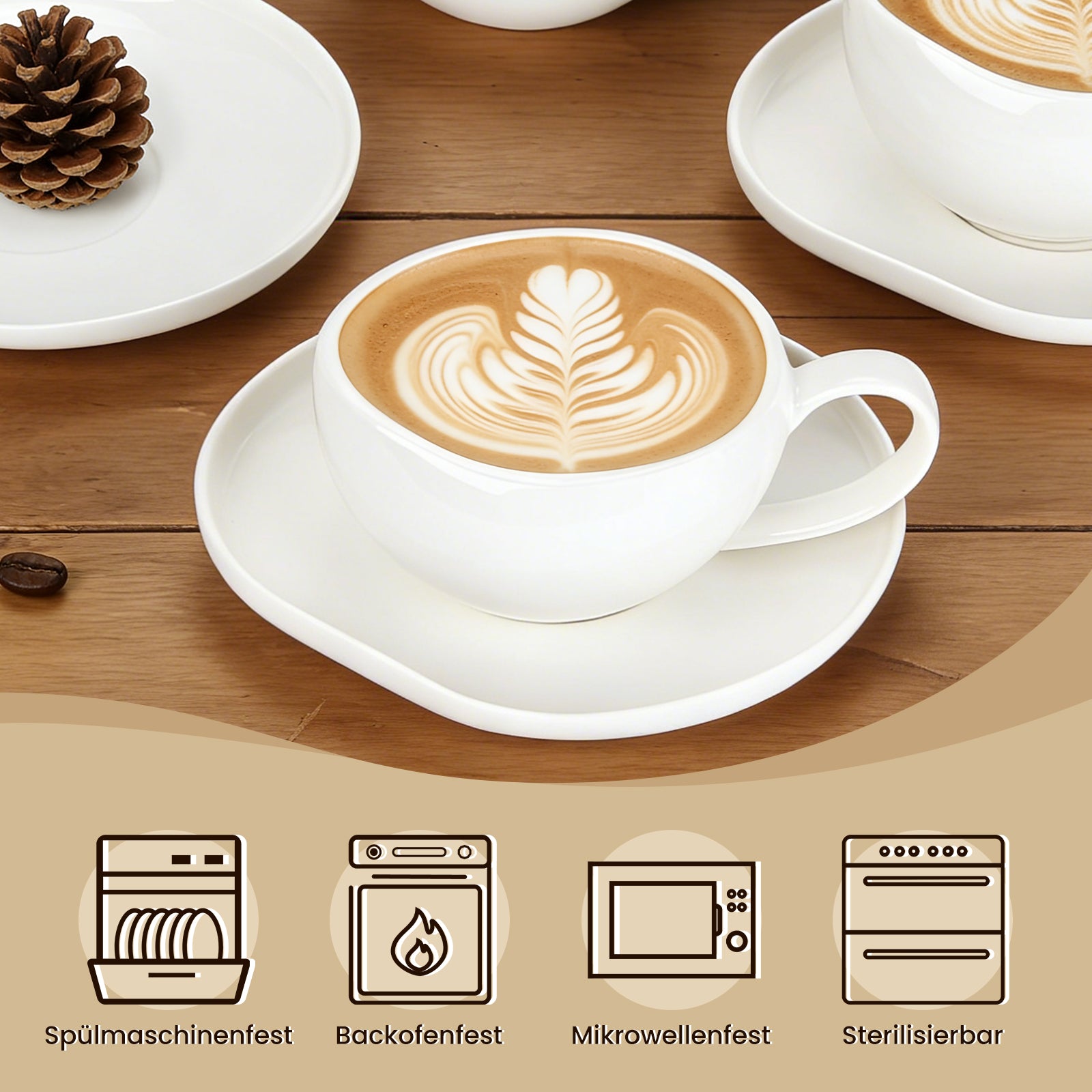 6-teiliges Keramik Cappuccinotassen Set mit Untertassen (200ml), gewelltes Design, Weiß/Creme, spülmaschinen- & mikrowellenfest