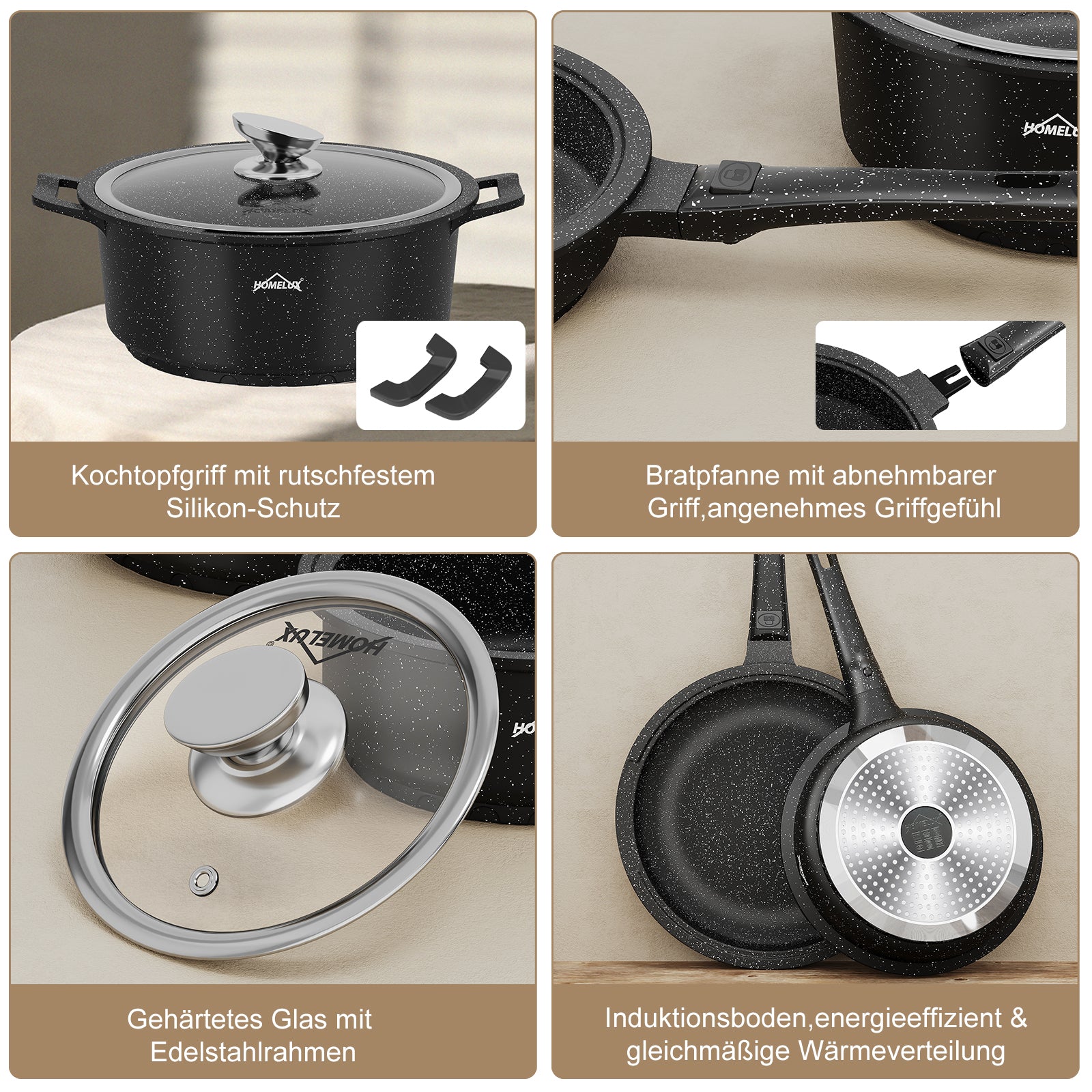 HOMELUX Kochgeschirr-Set 10-teilig, induktionsgeeignetes stapelbares Topfset für alle Herdarten, backofengeeignet, schwarz