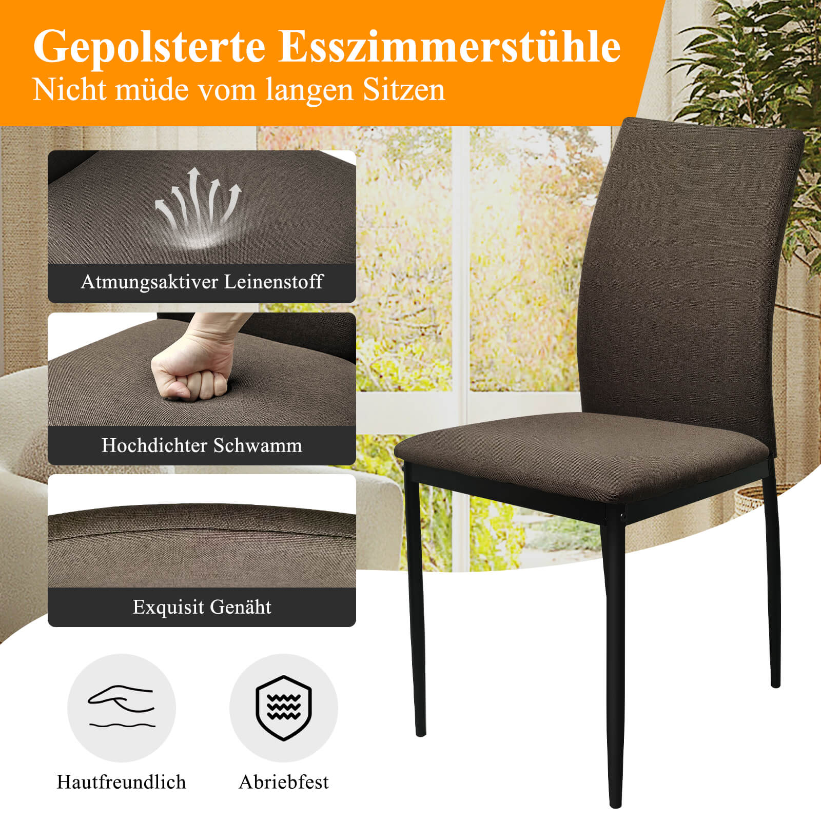 HOMELUX 4er Set Esszimmerstühle, modern, mit hoher Rückenlehne, Leinenpolster & Metallbeinen, 110 kg belastbar
