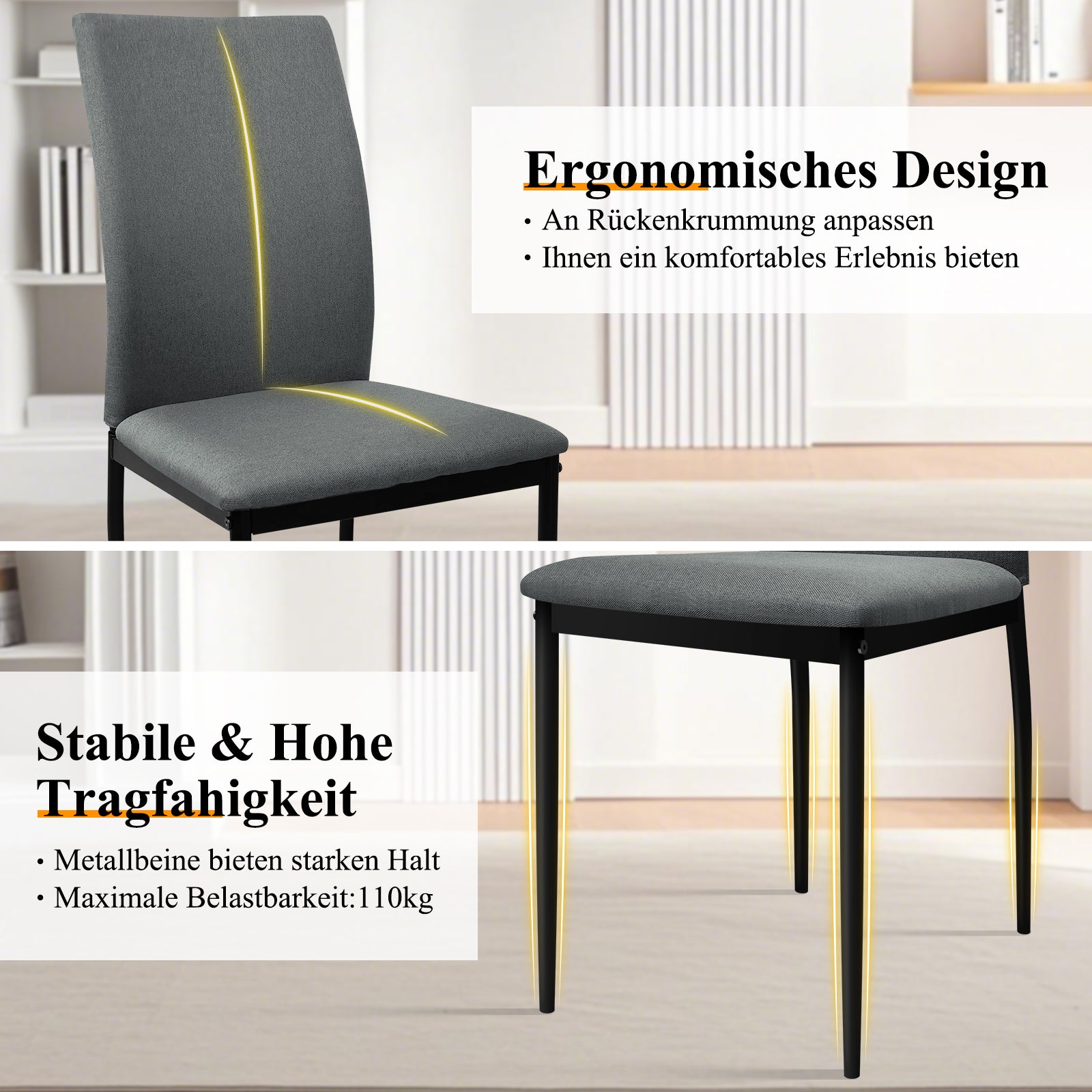 HOMELUX 4er Set Esszimmerstühle, modern, mit hoher Rückenlehne, Leinenpolster & Metallbeinen, 110 kg belastbar
