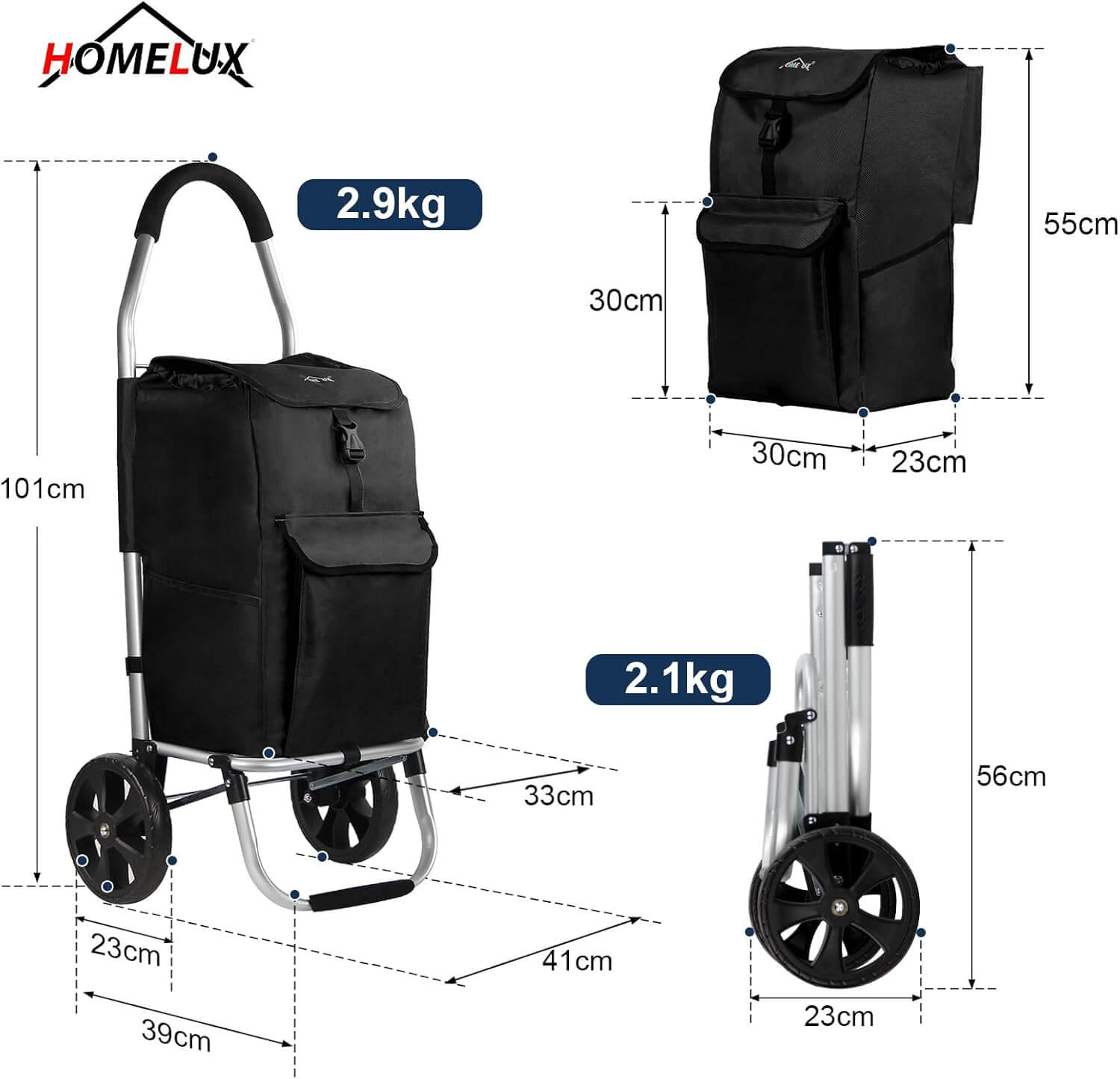 HOMELUX Einkaufstrolley Stabiler, klappbarer mit 41 L Kapazität, multifunktionalem Handwagen, Rollen und abnehmbarer Tasche