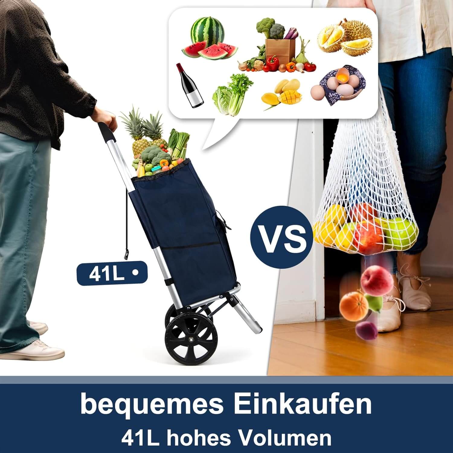 HOMELUX Einkaufstrolley Stabiler, klappbarer mit 41 L Kapazität, multifunktionalem Handwagen, Rollen und abnehmbarer Tasche