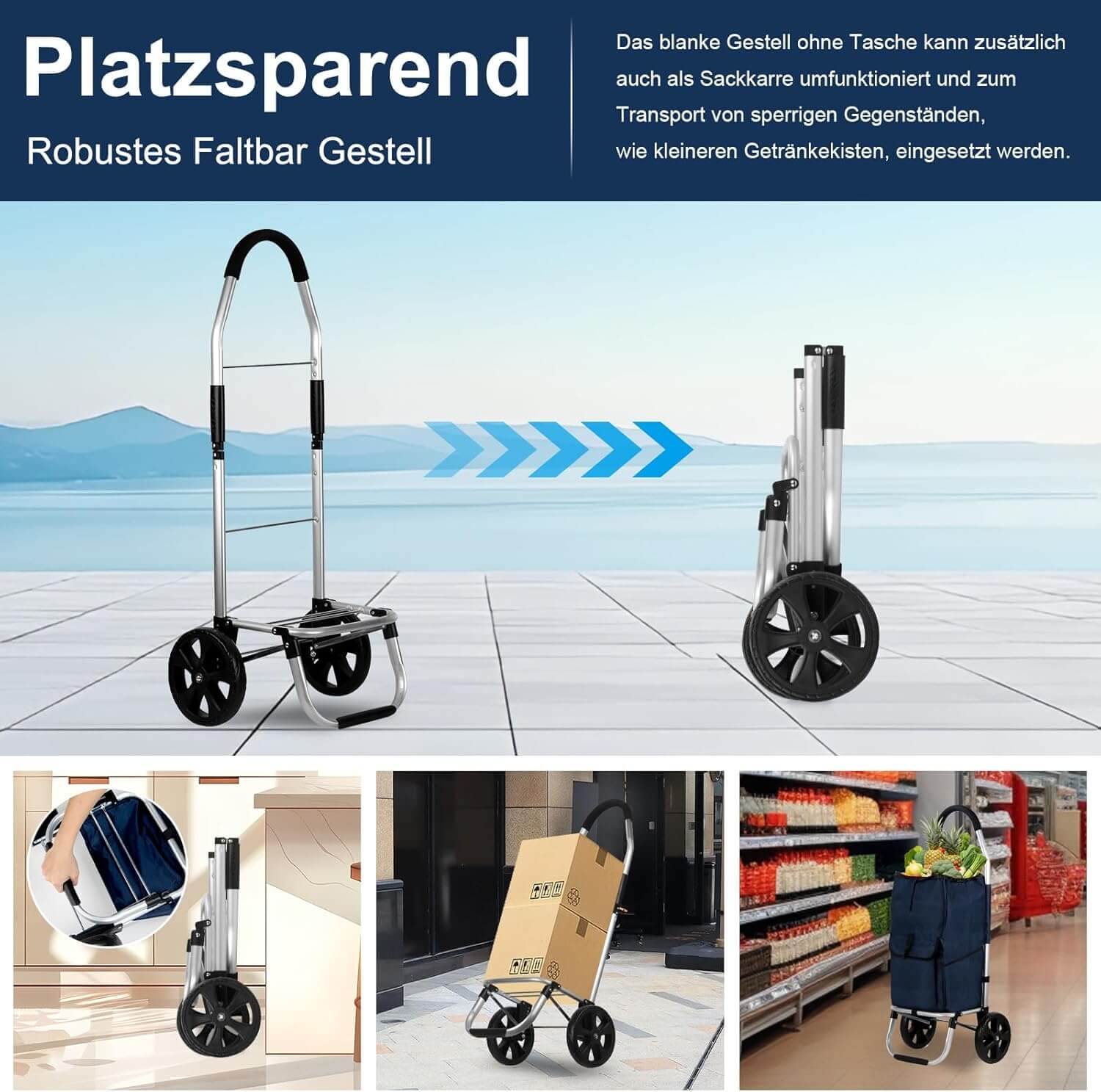 HOMELUX Einkaufstrolley Stabiler, klappbarer mit 41 L Kapazität, multifunktionalem Handwagen, Rollen und abnehmbarer Tasche