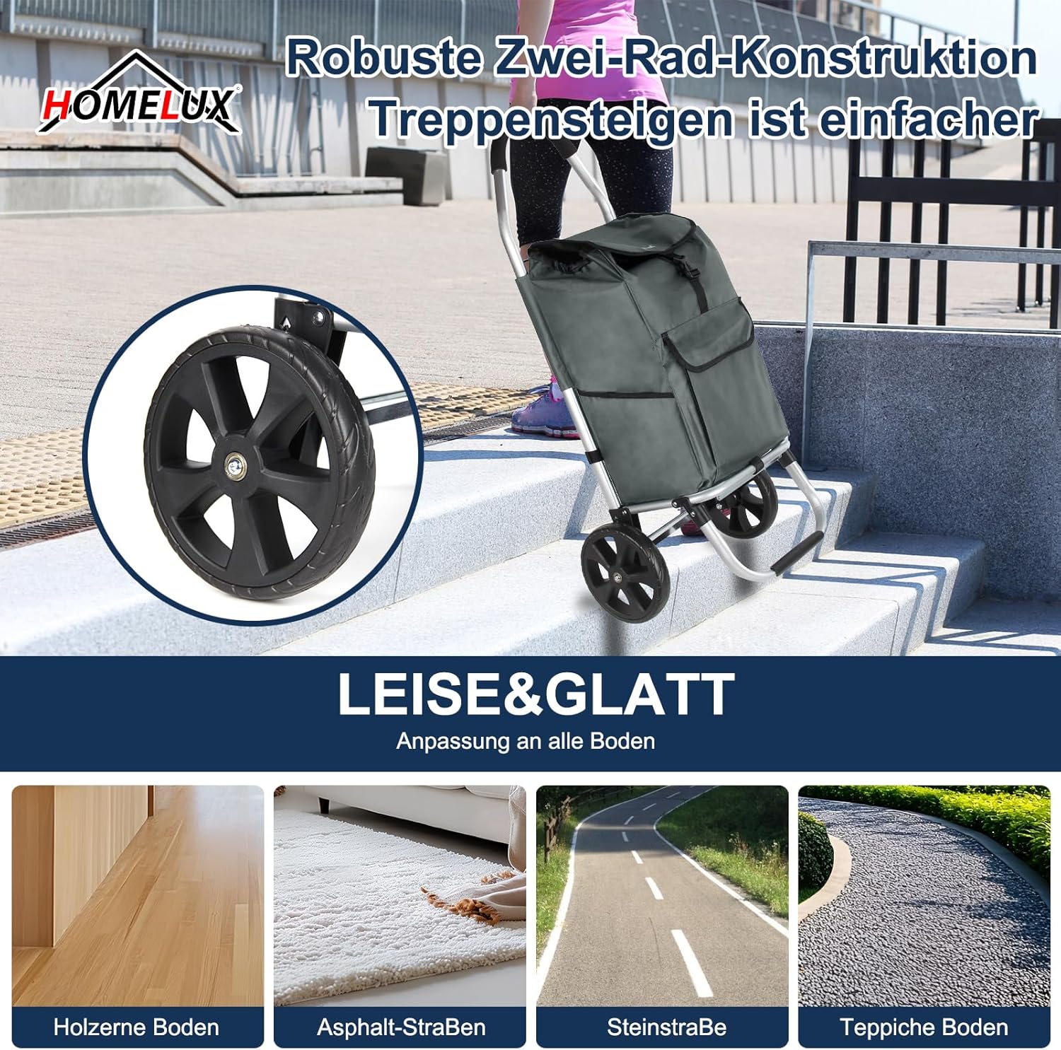 HOMELUX Einkaufstrolley Stabiler, klappbarer mit 41 L Kapazität, multifunktionalem Handwagen, Rollen und abnehmbarer Tasche