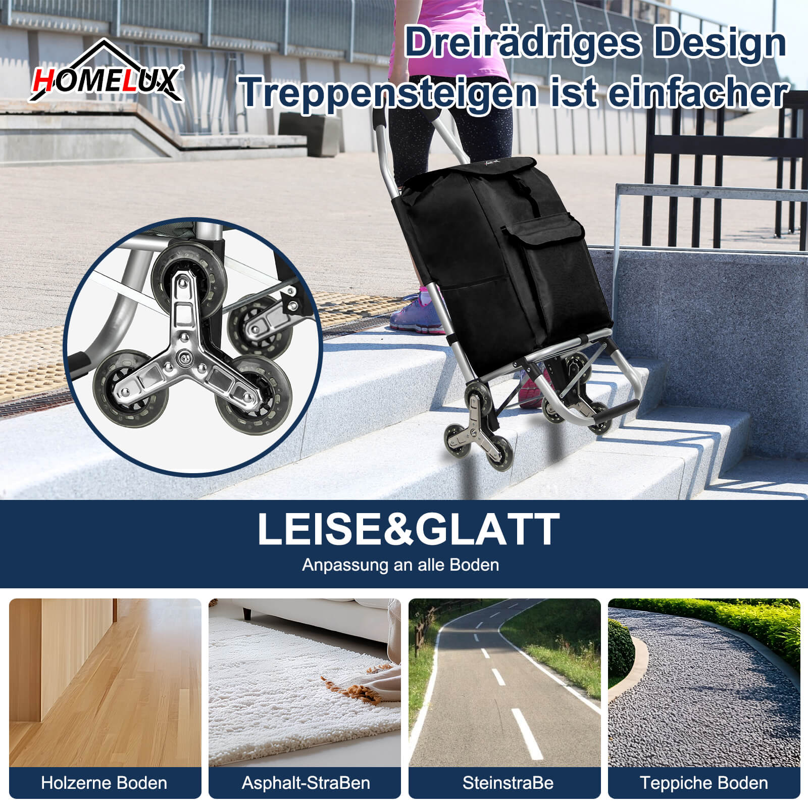 HOMELUX Einkaufstrolley, klappbar, stabil, 41 L Kapazität, multifunktional, Handwagen mit Rollen, abnehmbare Tasche, dreieckige Räder