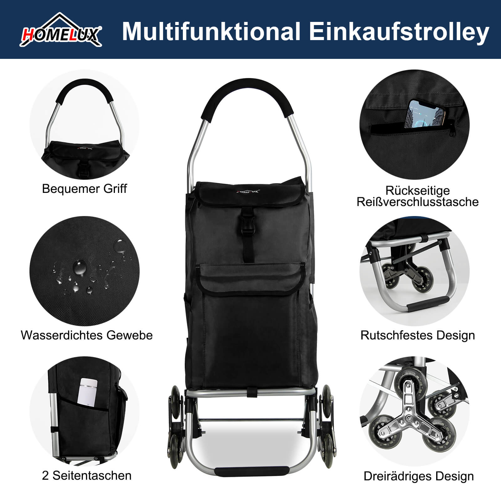 HOMELUX Einkaufstrolley, klappbar, stabil, 41 L Kapazität, multifunktional, Handwagen mit Rollen, abnehmbare Tasche, dreieckige Räder