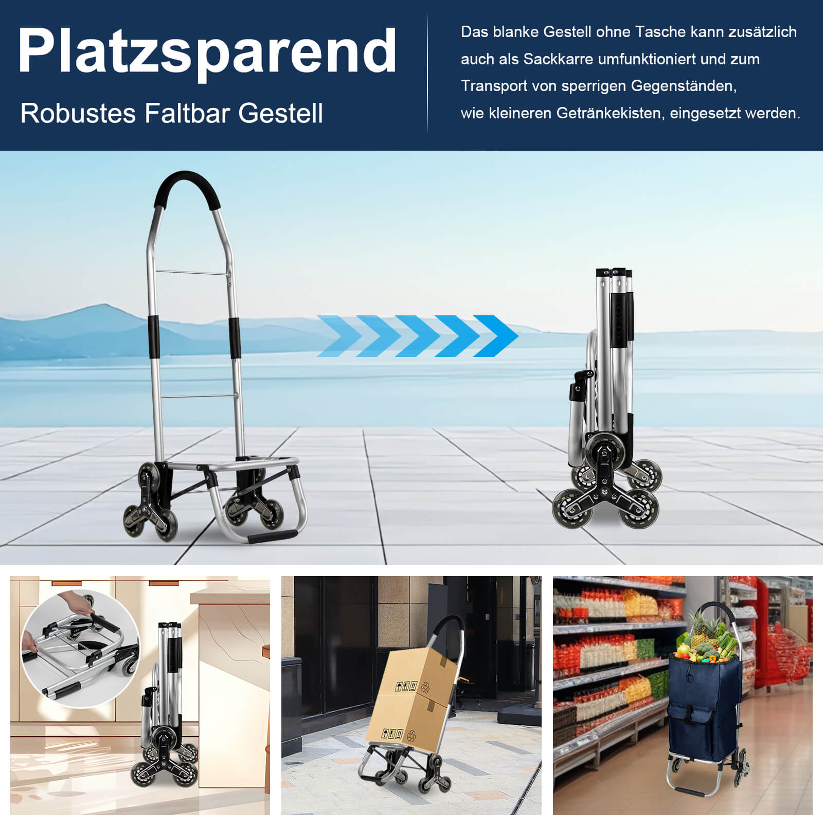 HOMELUX Einkaufstrolley, klappbar, stabil, 41 L Kapazität, multifunktional, Handwagen mit Rollen, abnehmbare Tasche, dreieckige Räder