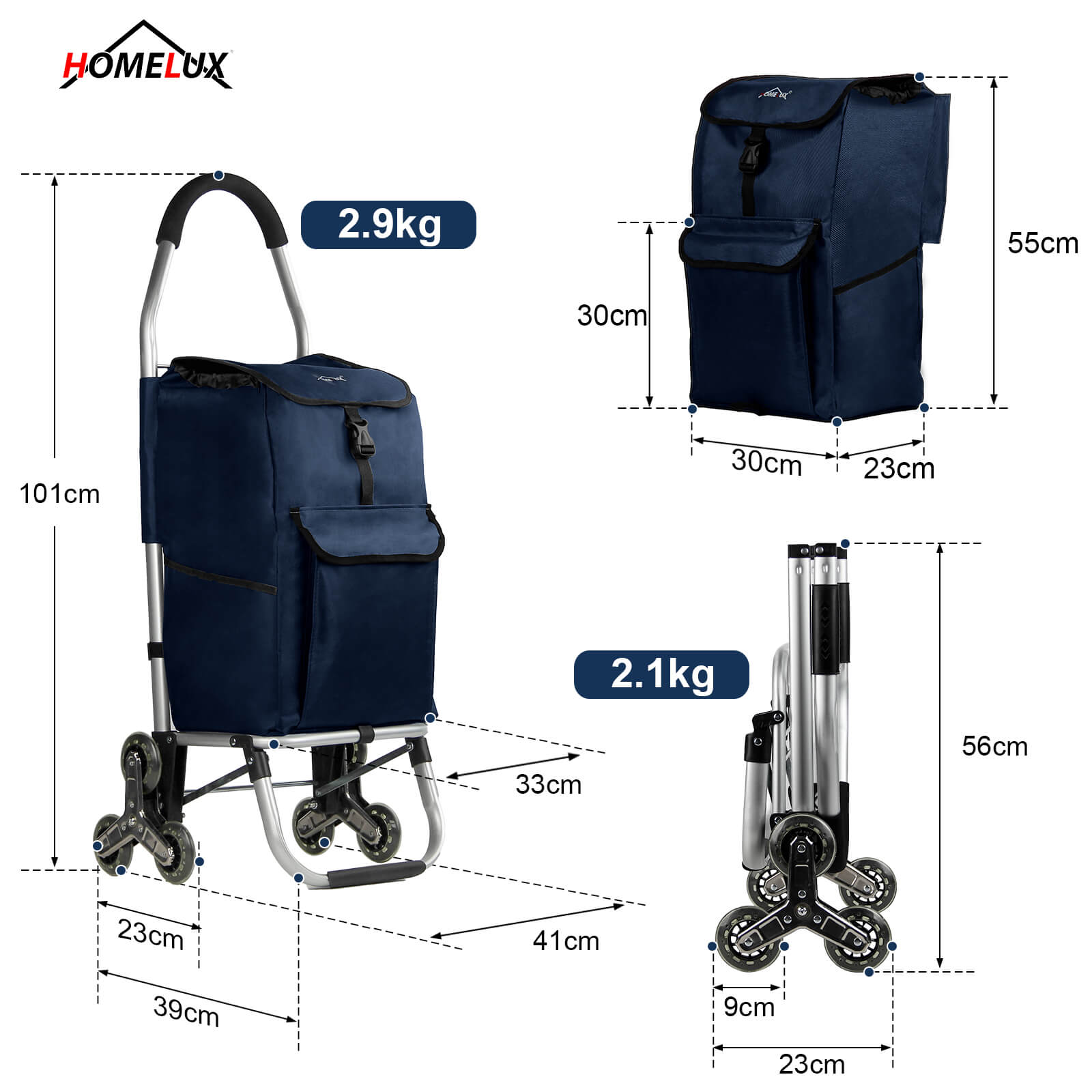 HOMELUX Einkaufstrolley, klappbar, stabil, 41 L Kapazität, multifunktional, Handwagen mit Rollen, abnehmbare Tasche, dreieckige Räder