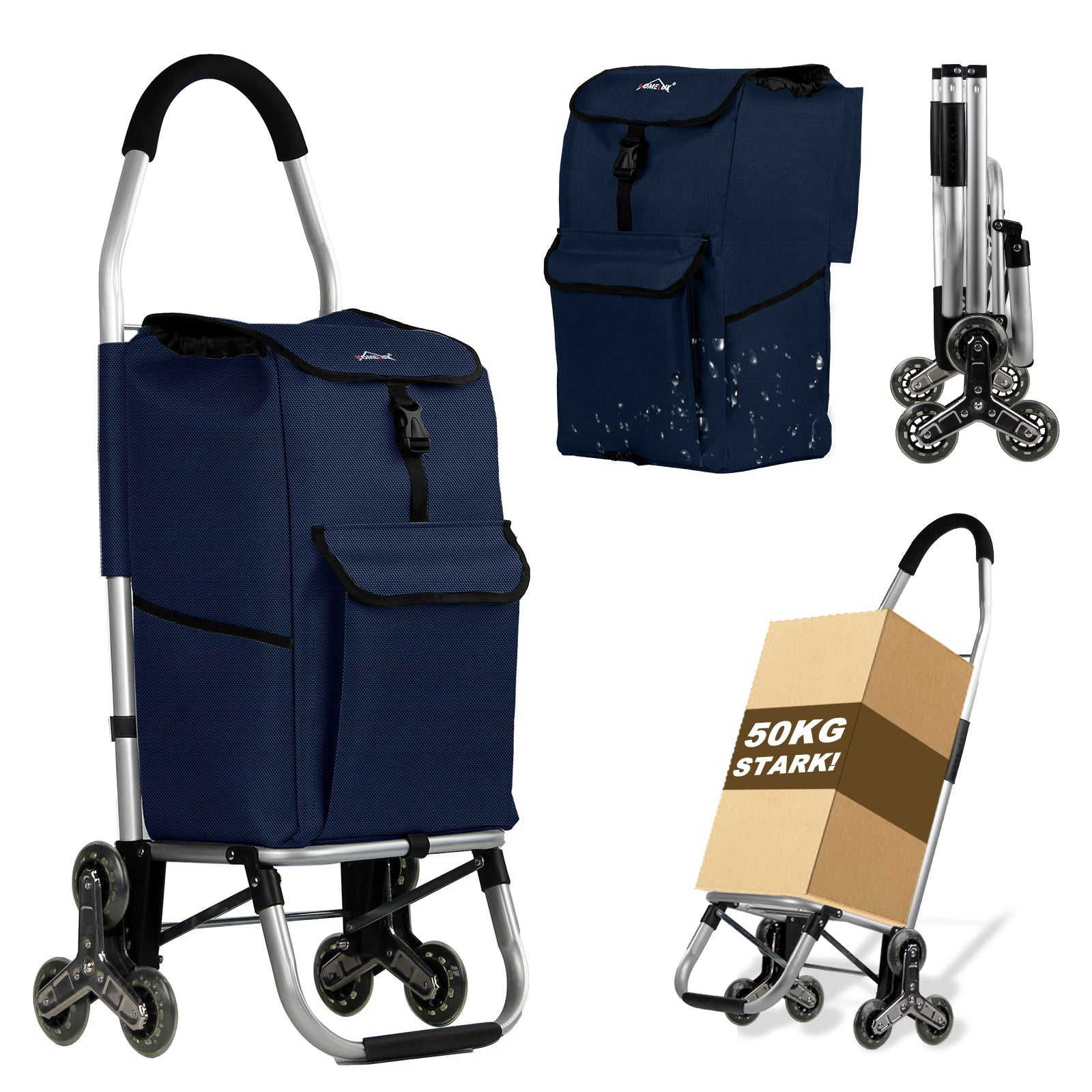 HOMELUX Einkaufstrolley, klappbar, stabil, 41 L Kapazität, multifunktional, Handwagen mit Rollen, abnehmbare Tasche, dreieckige Räder