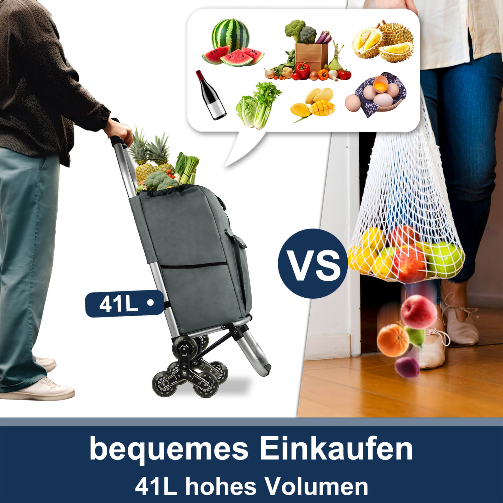HOMELUX Einkaufstrolley, klappbar, stabil, 41 L Kapazität, multifunktional, Handwagen mit Rollen, abnehmbare Tasche, dreieckige Räder