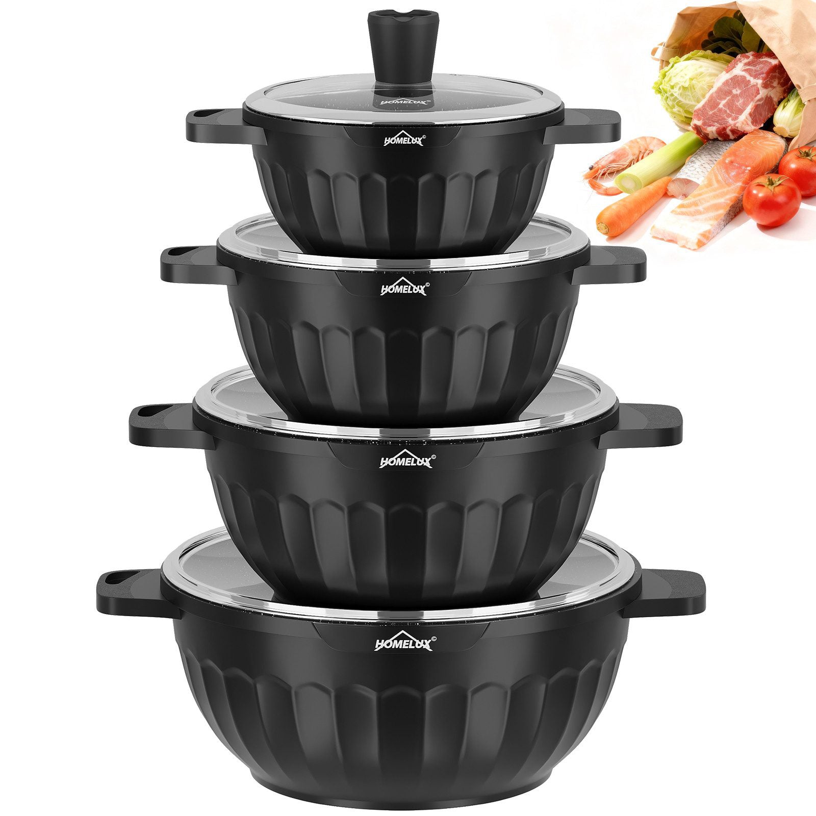 HOMELUX 8-teiliges Topfset Induktion, stapelbares Aluminium Kochtopfset mit Antihaftbeschichtung und Glasdeckel, Kochgeschirr PFOA-frei