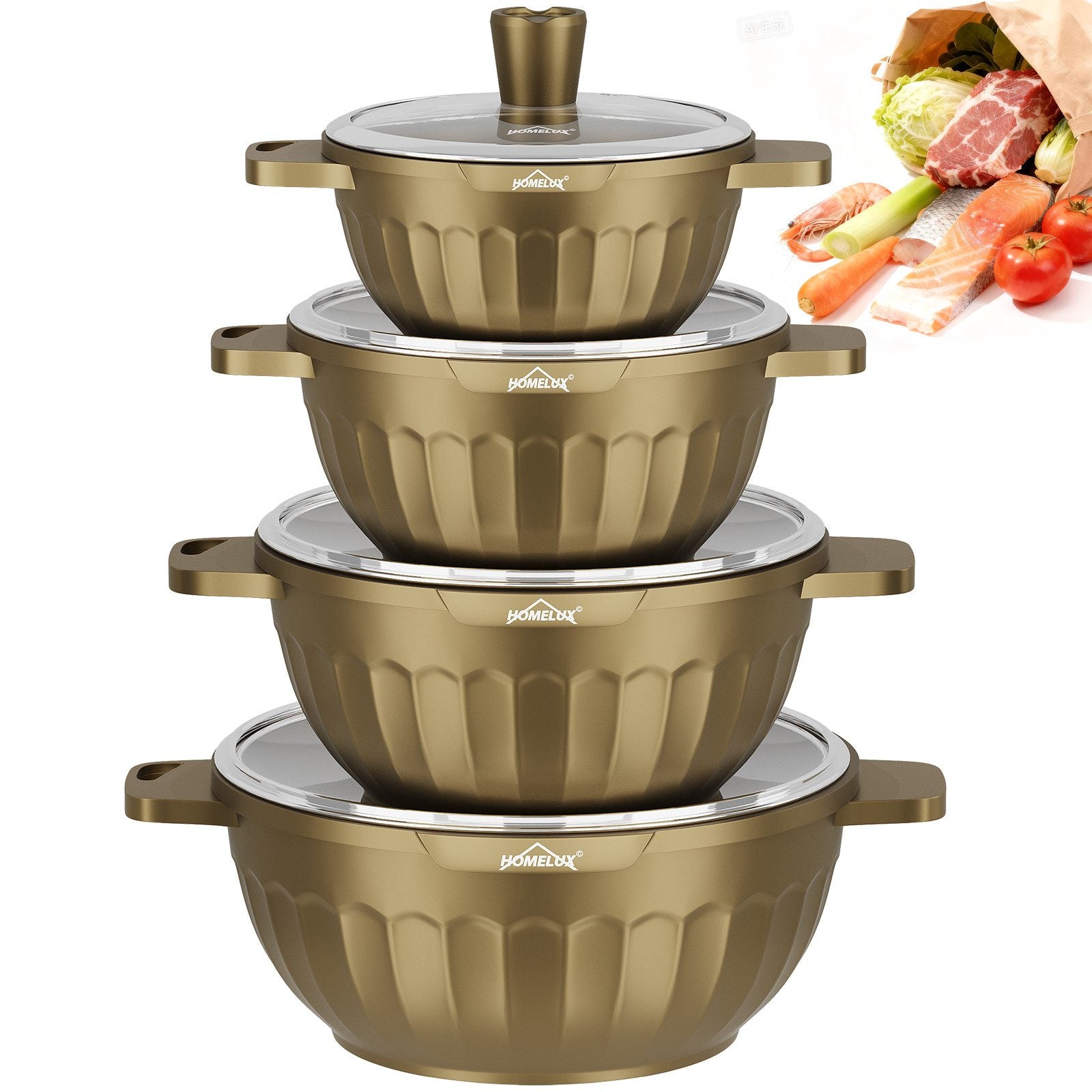 HOMELUX 8-teiliges Topfset Induktion, stapelbares Aluminium Kochtopfset mit Antihaftbeschichtung und Glasdeckel, Kochgeschirr PFOA-frei