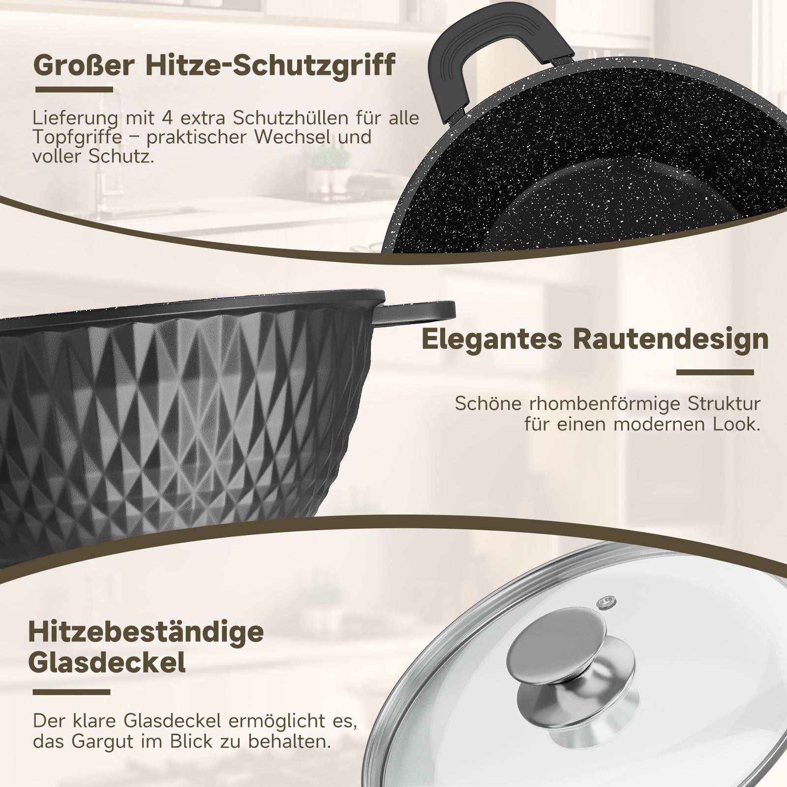 HOMELUX Aluguss Kochtopfset 8-teilig Induktion, Antihaft Topfset mit Glasdeckel, 20-32 cm, PFOA-frei