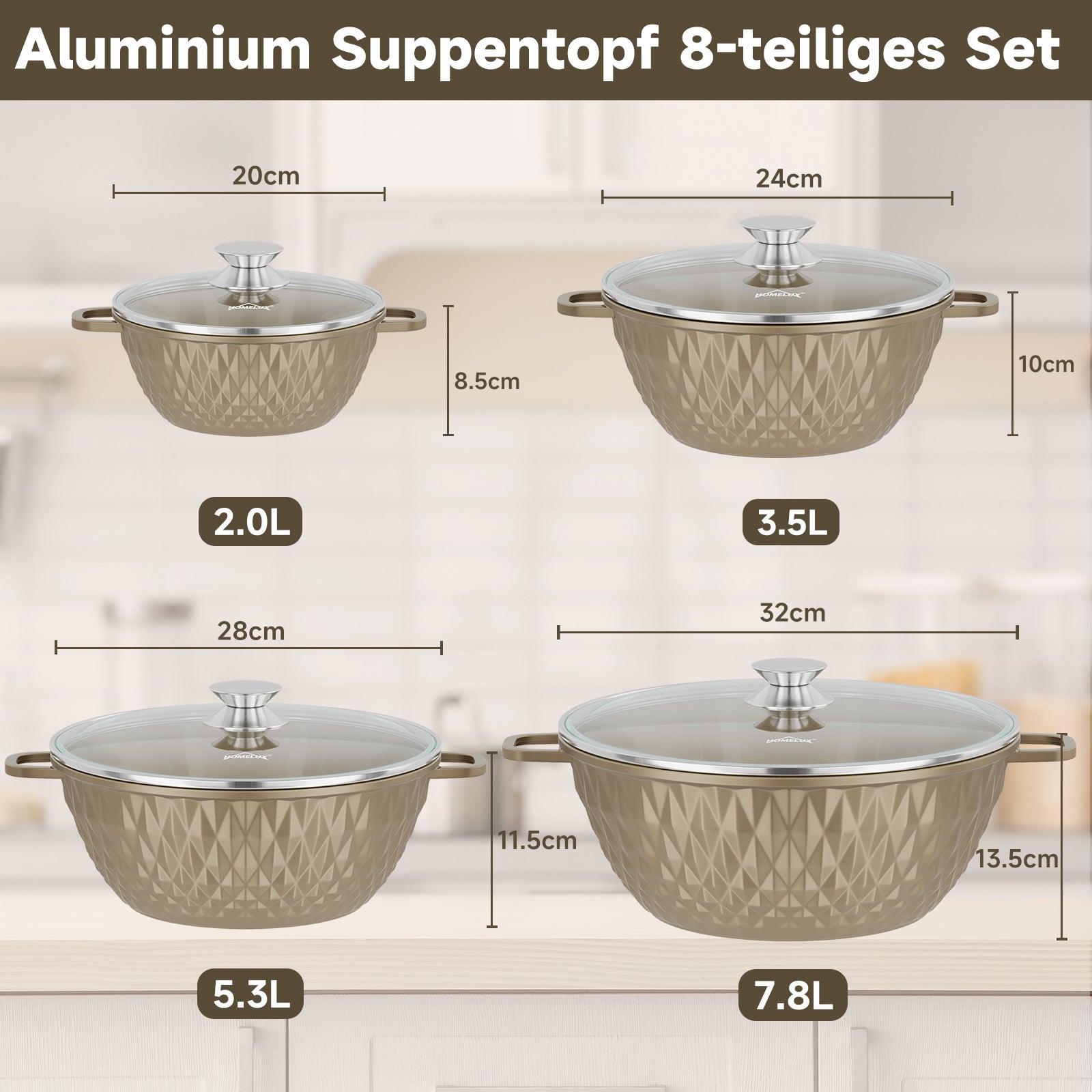 HOMELUX Aluguss Kochtopfset 8-teilig Induktion, Antihaft Topfset mit Glasdeckel, 20-32 cm, PFOA-frei