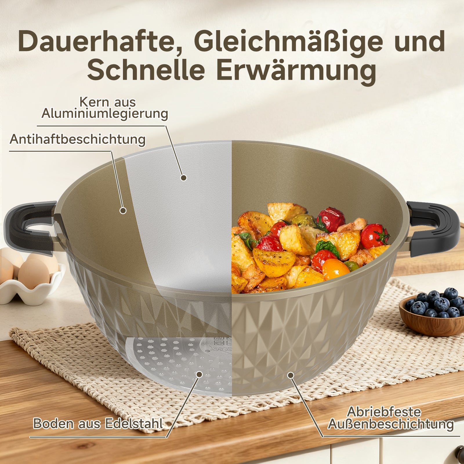 HOMELUX Aluguss Kochtopfset 8-teilig Induktion, Antihaft Topfset mit Glasdeckel, 20-32 cm, PFOA-frei