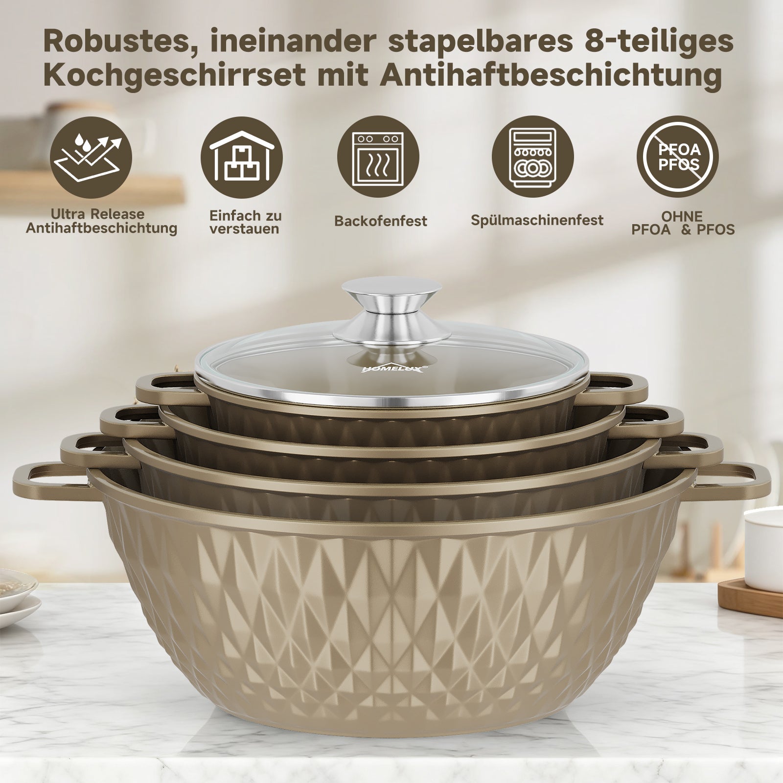 HOMELUX Aluguss Kochtopfset 8-teilig Induktion, Antihaft Topfset mit Glasdeckel, 20-32 cm, PFOA-frei