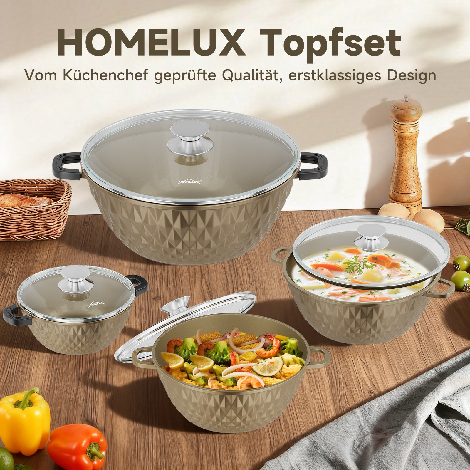 HOMELUX Aluguss Kochtopfset 8-teilig Induktion, Antihaft Topfset mit Glasdeckel, 20-32 cm, PFOA-frei