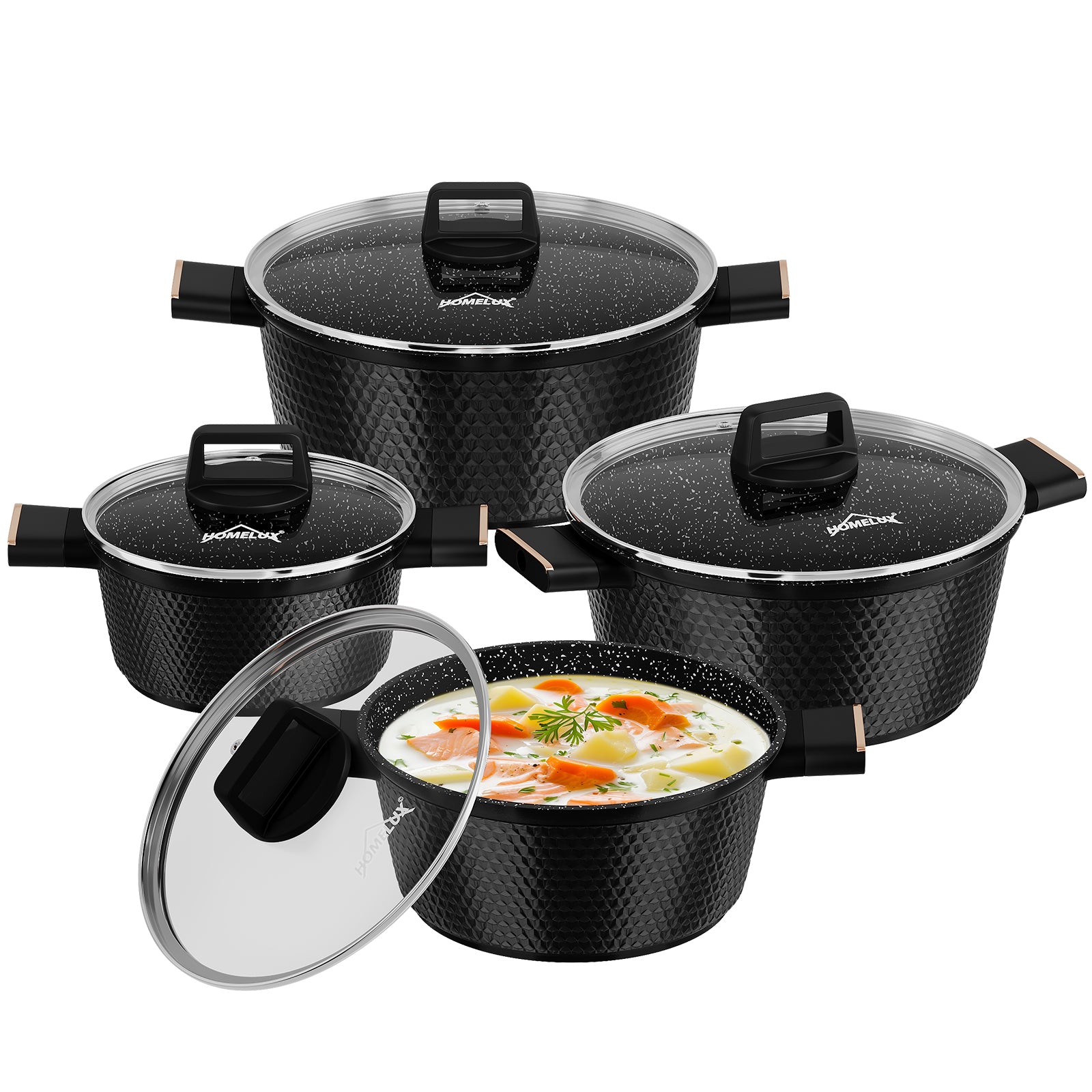 HOMELUX Premium Kochtopf-Set, 8-teilig, mit Diamant-Struktur und Induktionsboden