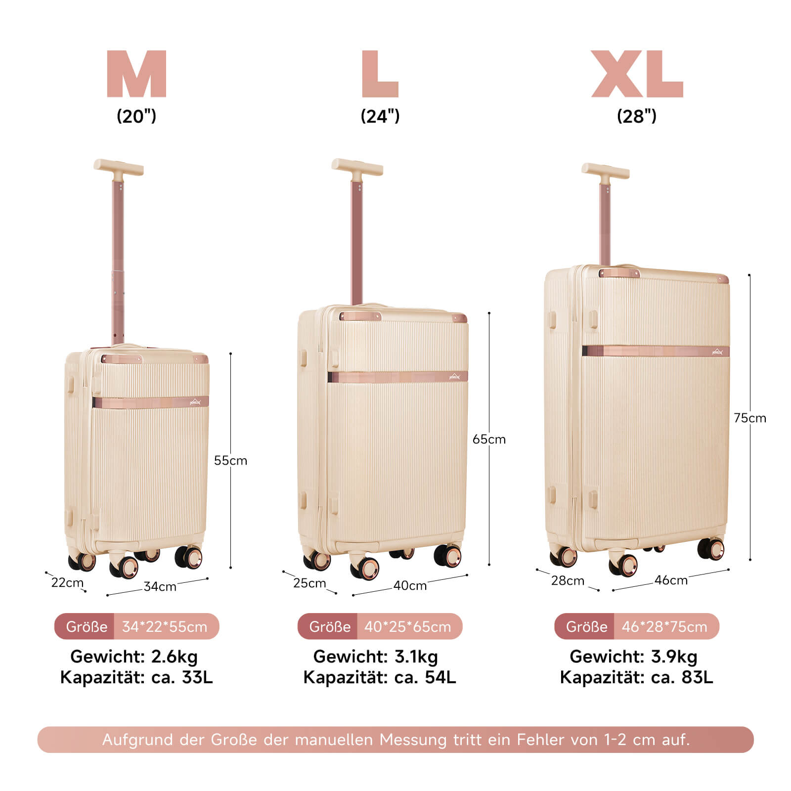 3-teiliges Reisekoffer-Set aus ABS-Hartschale: Leichter Rollkoffer-Trolley in M-L-XL