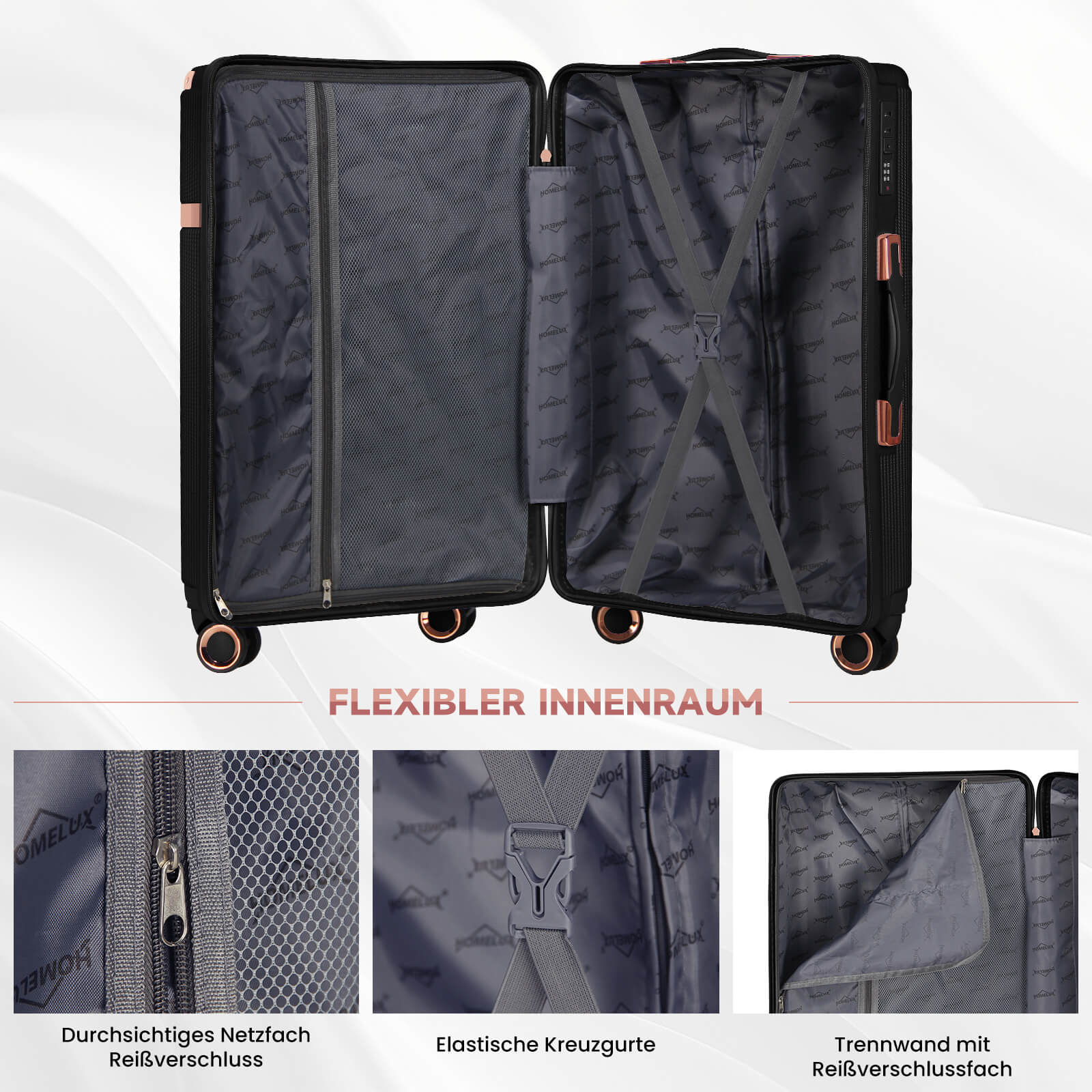 3-teiliges Reisekoffer-Set aus ABS-Hartschale: Leichter Rollkoffer-Trolley in M-L-XL