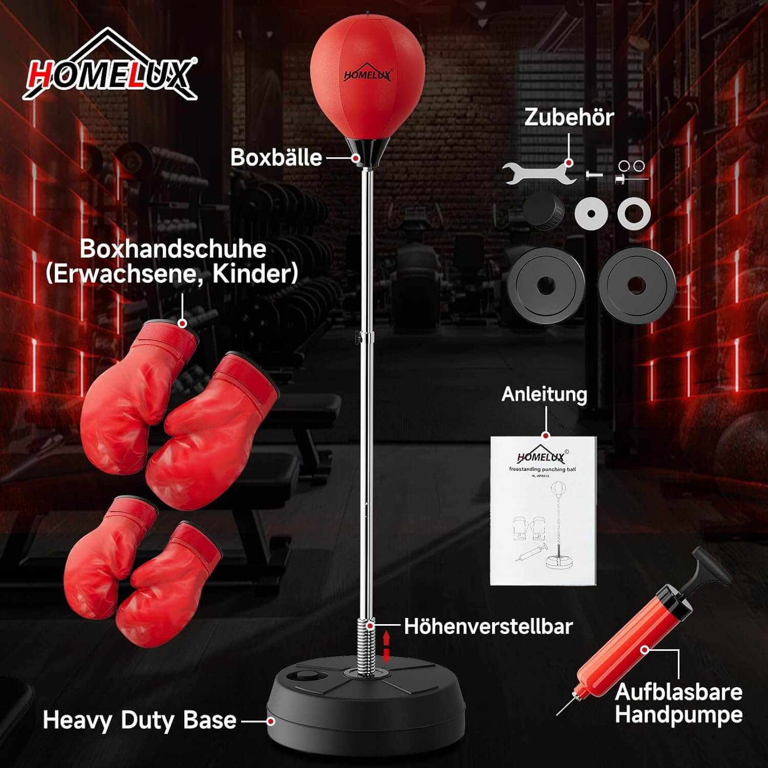 Punchingball Set mit Standbox, höhenverstellbar 121-145cm, Box Reflexball inkl. 1 Paar Handschuhe & Pumpe, Boxsport für Anfänger & Profis