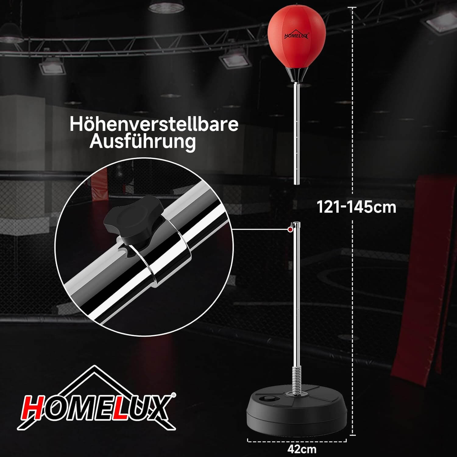 Punchingball Set mit Standbox, höhenverstellbar 121-145cm, Box Reflexball inkl. 1 Paar Handschuhe & Pumpe, Boxsport für Anfänger & Profis