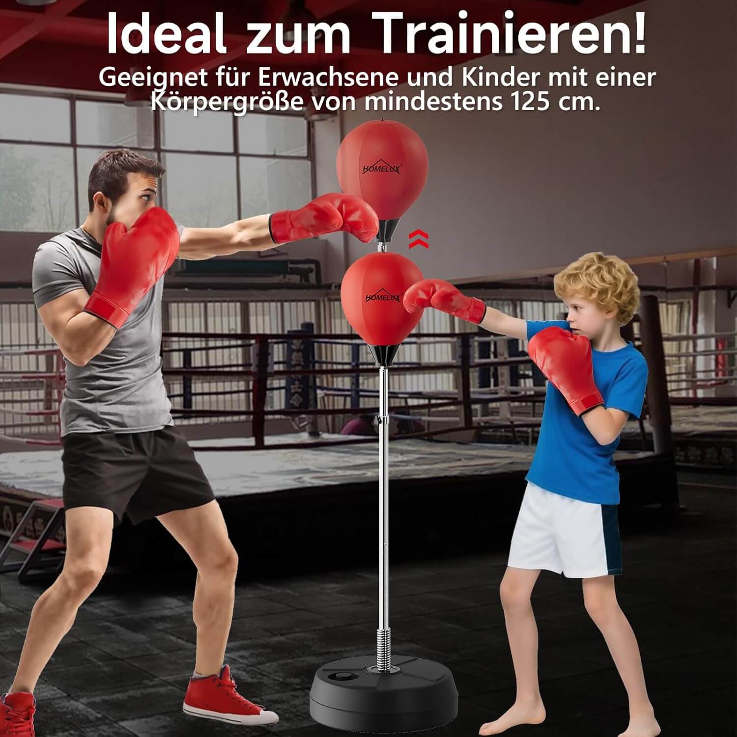 Punchingball Set mit Standbox, höhenverstellbar 121-145cm, Box Reflexball inkl. 1 Paar Handschuhe & Pumpe, Boxsport für Anfänger & Profis