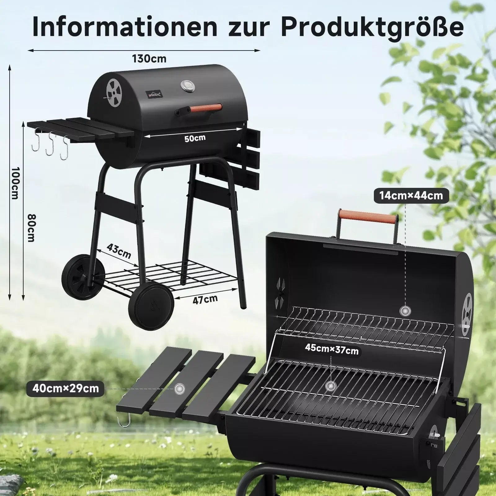 Großer Holzkohlegrill mit 130 cm Länge und geräumiger Grillfläche