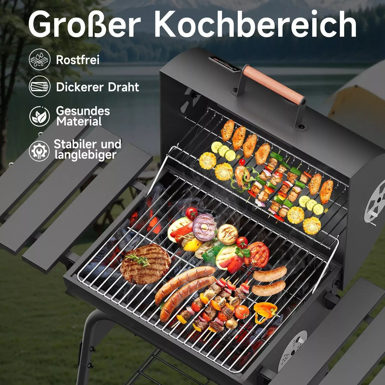 Praktischer BBQ Smoker mit herausnehmbarer Arbeitsfläche und Haken