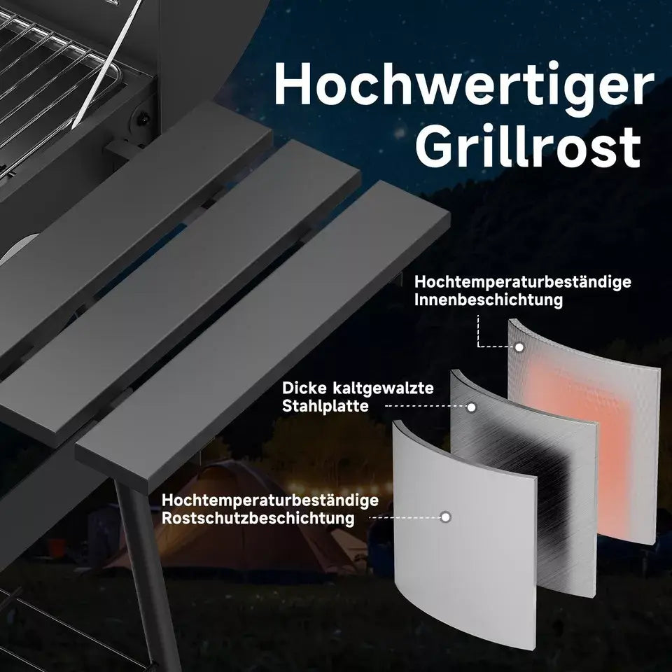 Hochwertiger Holzkohlegrill mit praktischen Seitenablagen für Zubehör