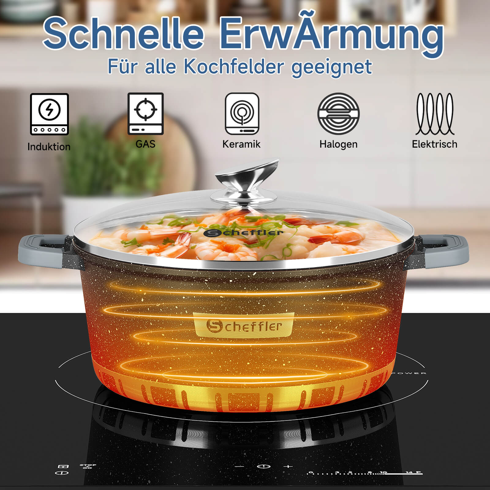 Scheffler Topfset Kochtopf Set mit Glasdeckel, Antihaftbeschichtung, Induktion, für alle Herdarten geeignet
