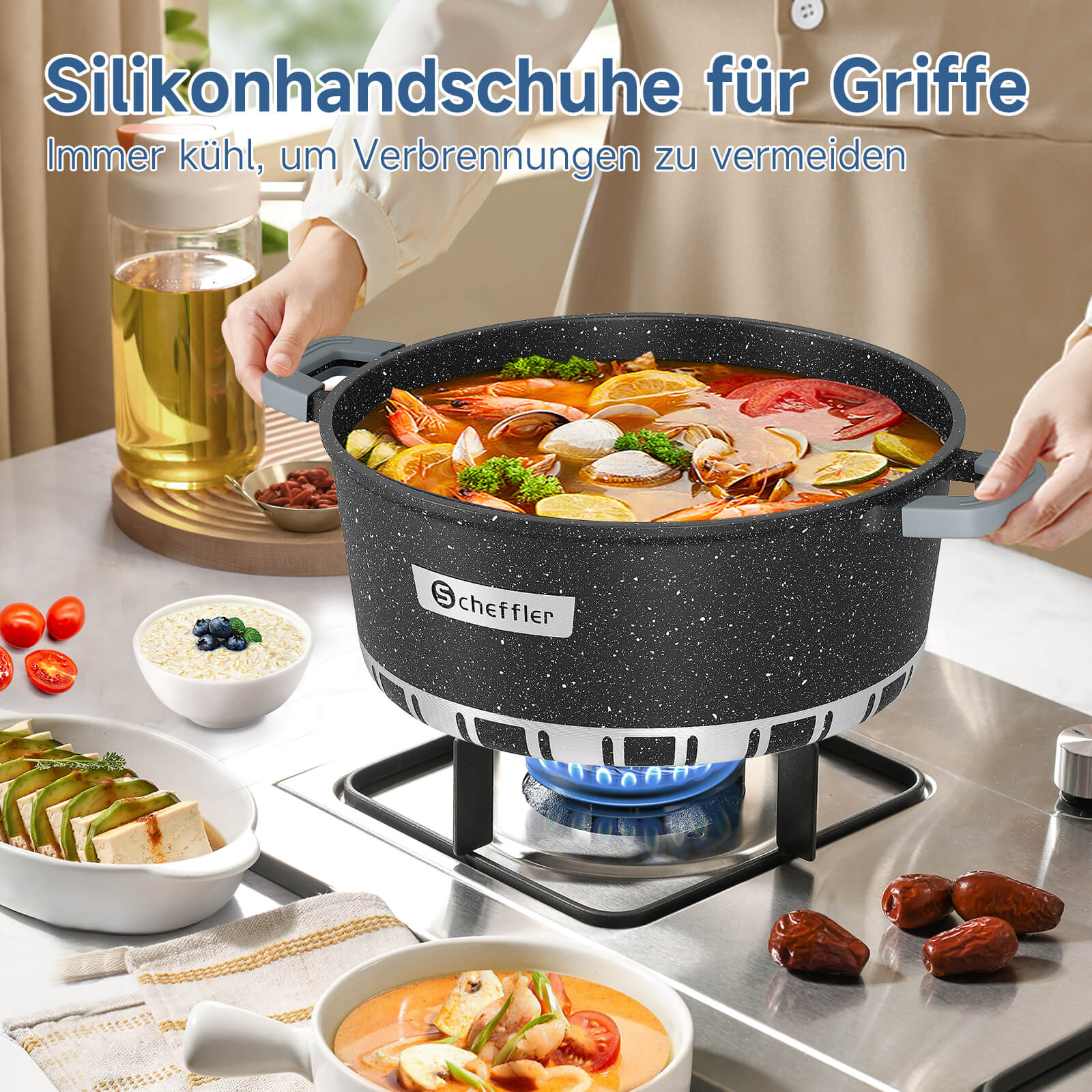 Scheffler Kochtopf mit Glasdeckel für Induktion Aluguss Antihaft Topf, hitzebeständig, energiesparend, frei von PFOA & PFOS