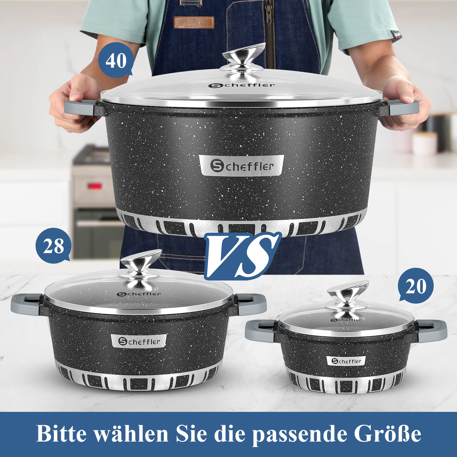 Scheffler Topfset Kochtopf Set mit Glasdeckel, Antihaftbeschichtung, Induktion, für alle Herdarten geeignet