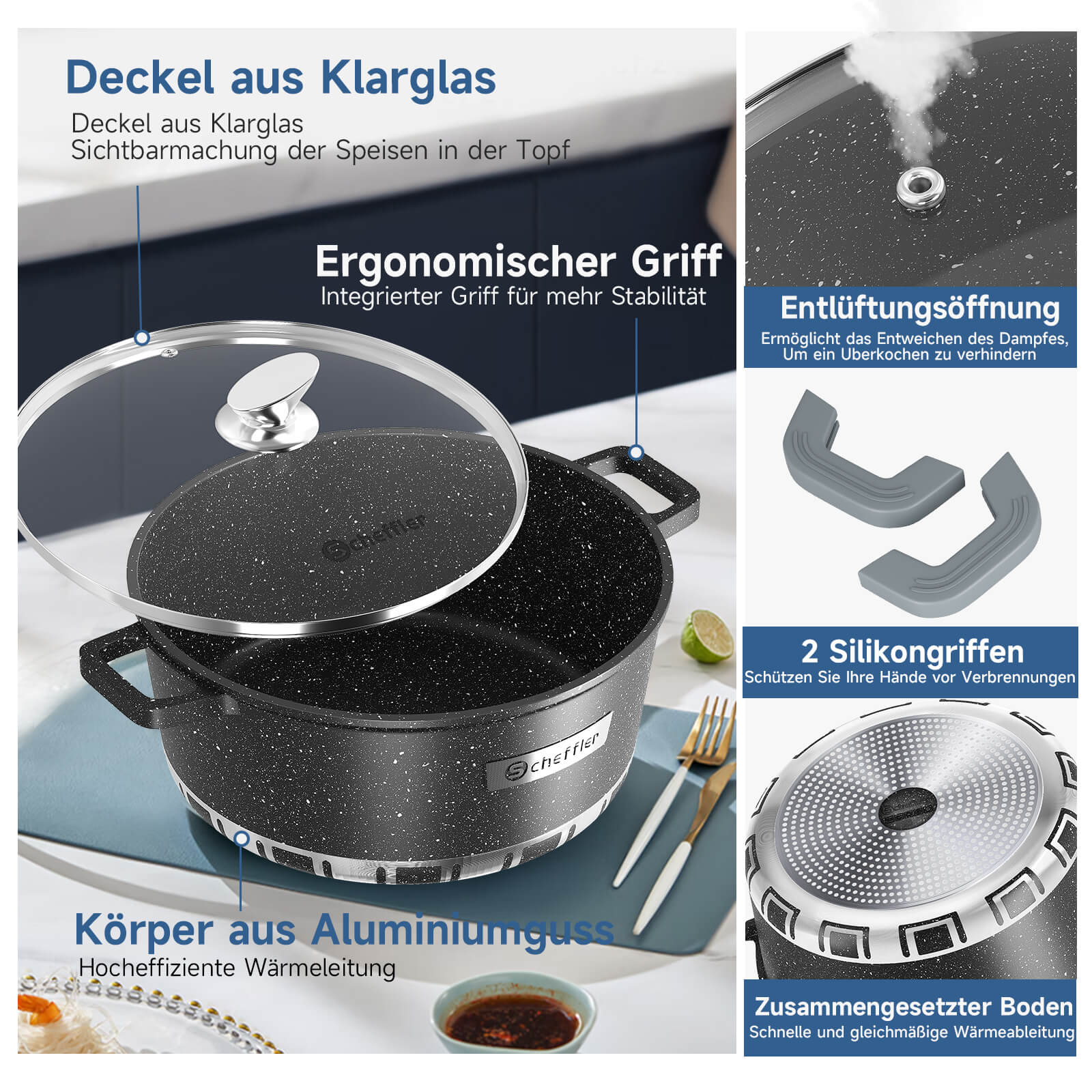 Scheffler Topfset Kochtopf Set mit Glasdeckel, Antihaftbeschichtung, Induktion, für alle Herdarten geeignet