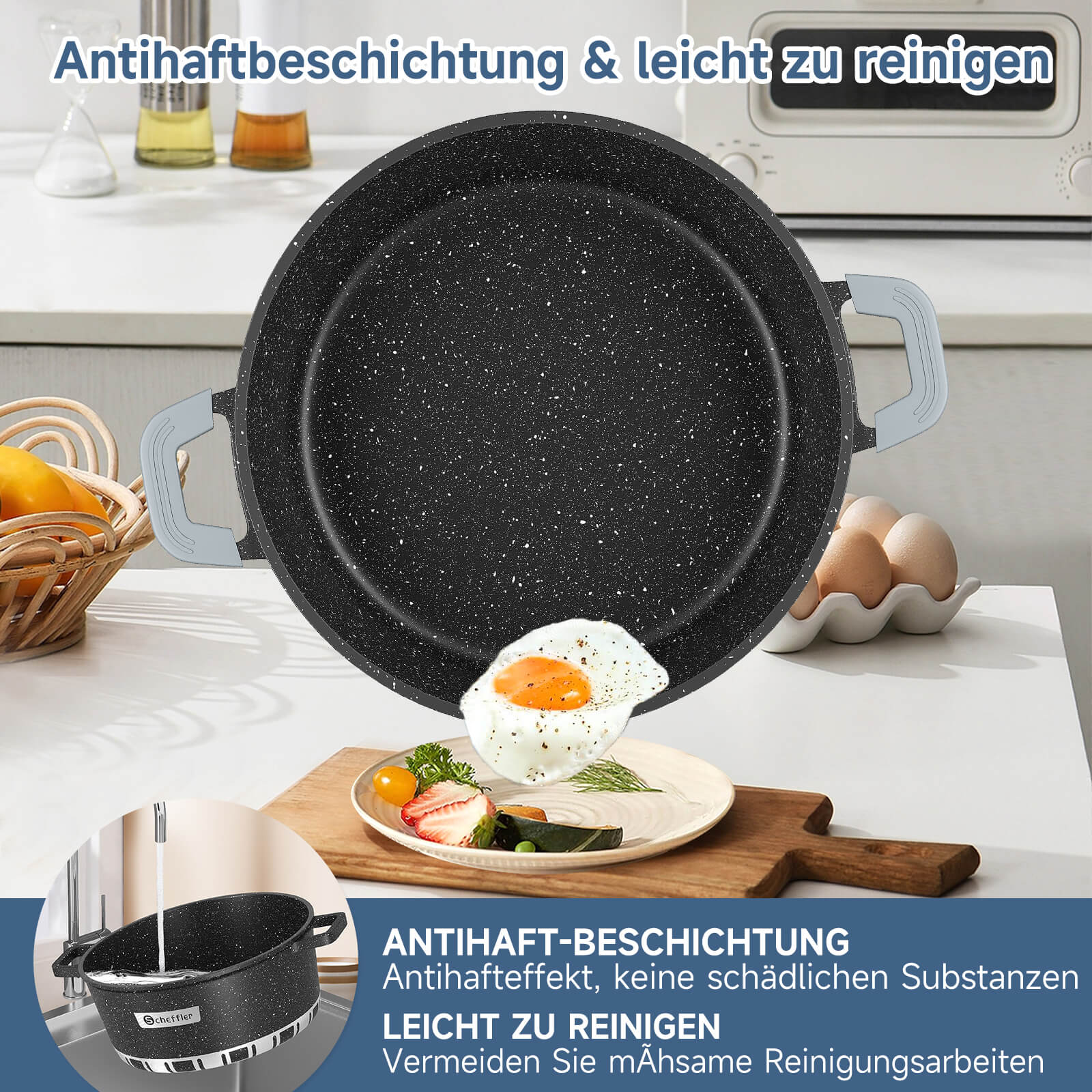 Scheffler Kochtopf mit Glasdeckel für Induktion Aluguss Antihaft Topf, hitzebeständig, energiesparend, frei von PFOA & PFOS