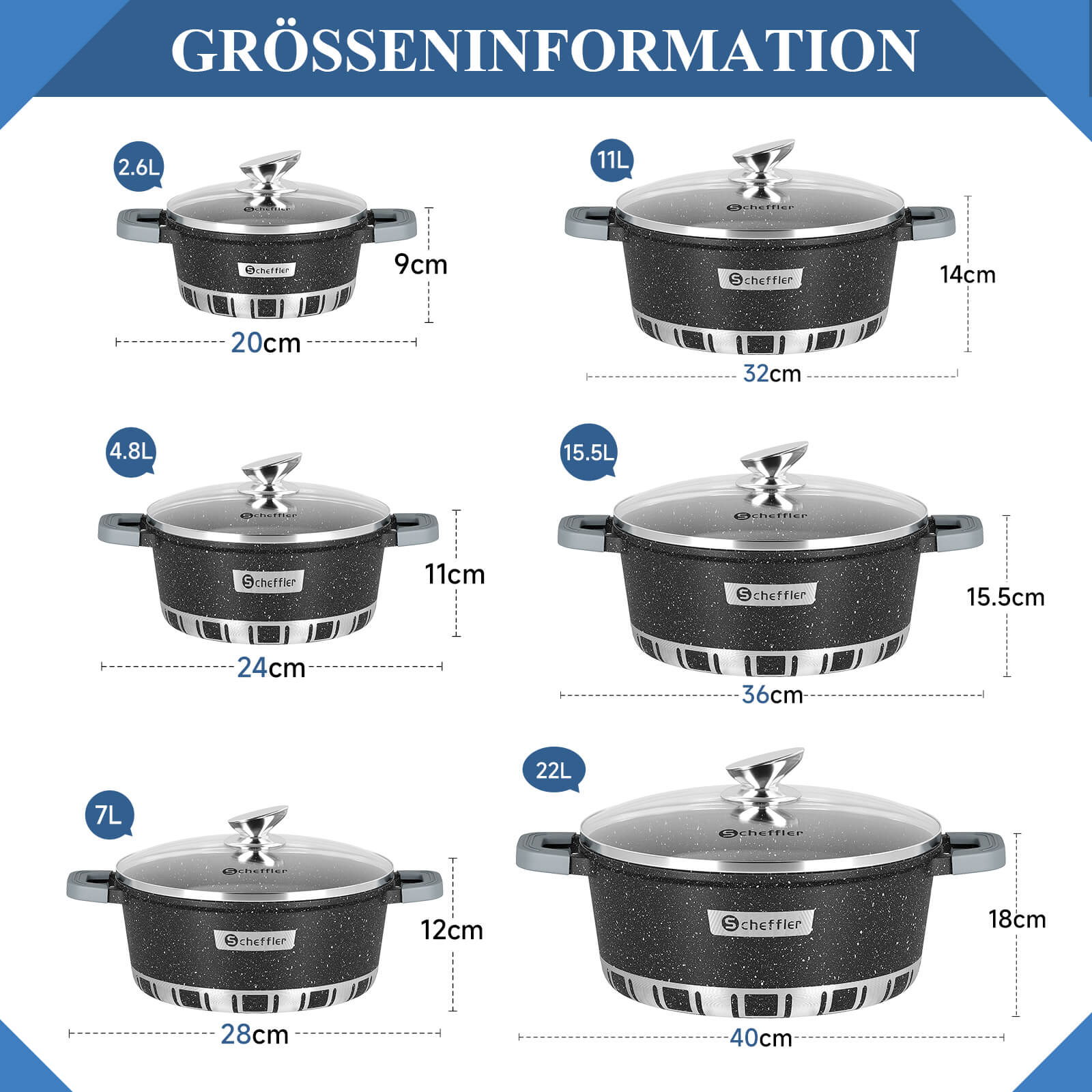 Scheffler Kochtopf mit Glasdeckel für Induktion Aluguss Antihaft Topf, hitzebeständig, energiesparend, frei von PFOA & PFOS