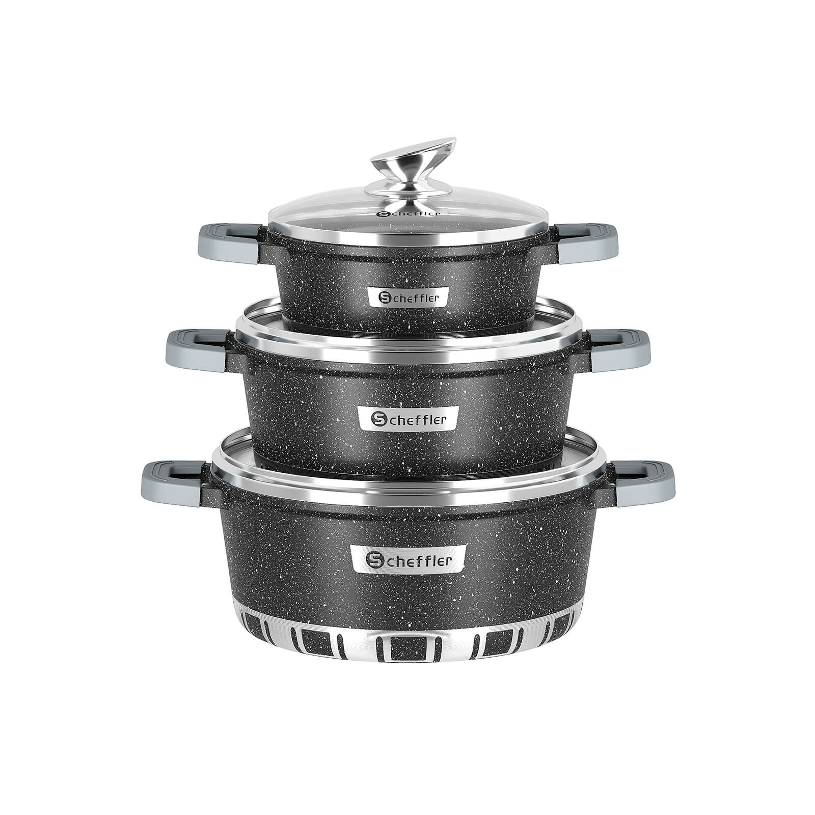 Scheffler Topfset Kochtopf Set mit Glasdeckel, Antihaftbeschichtung, Induktion, für alle Herdarten geeignet
