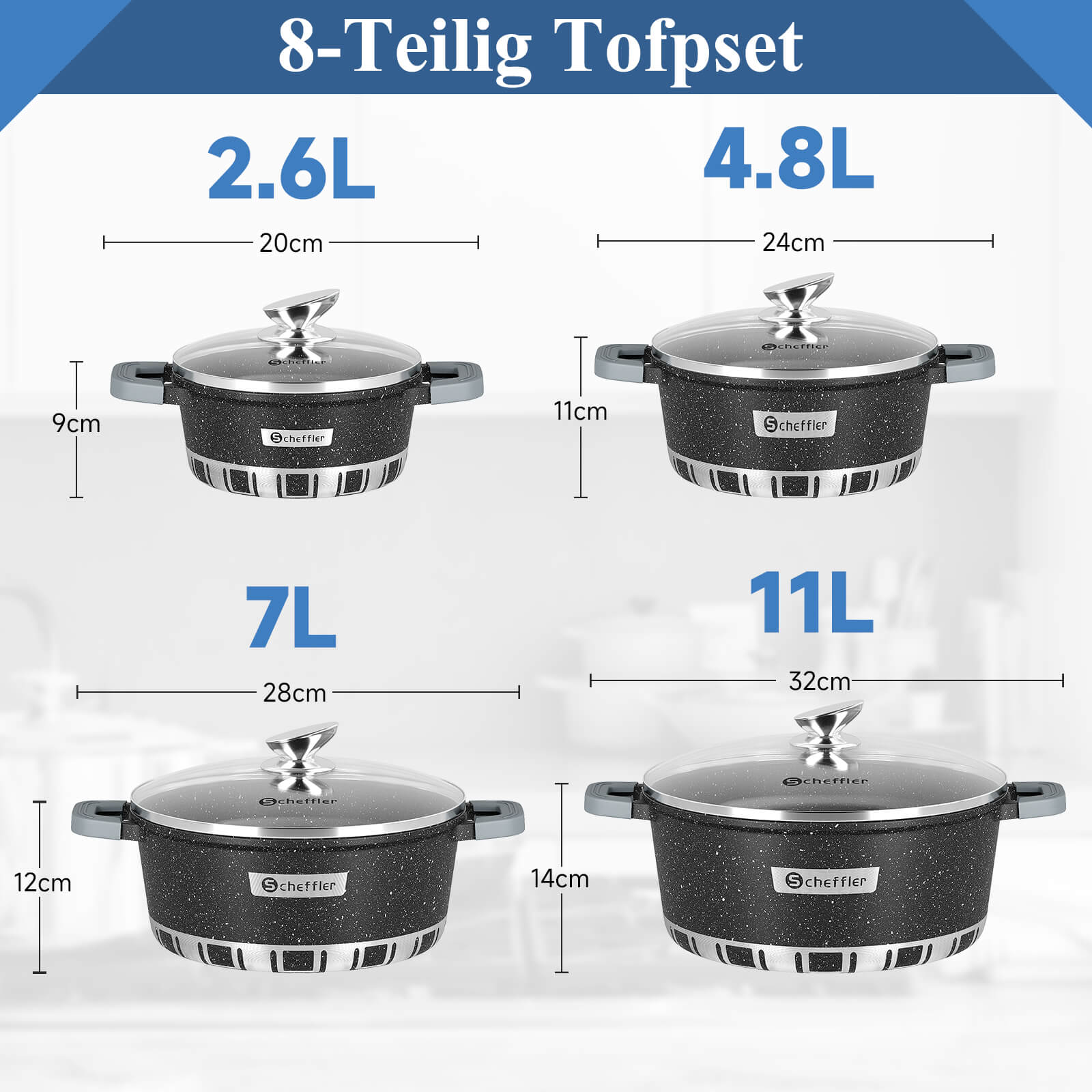 Scheffler Topfset Kochtopf Set mit Glasdeckel, Antihaftbeschichtung, Induktion, für alle Herdarten geeignet
