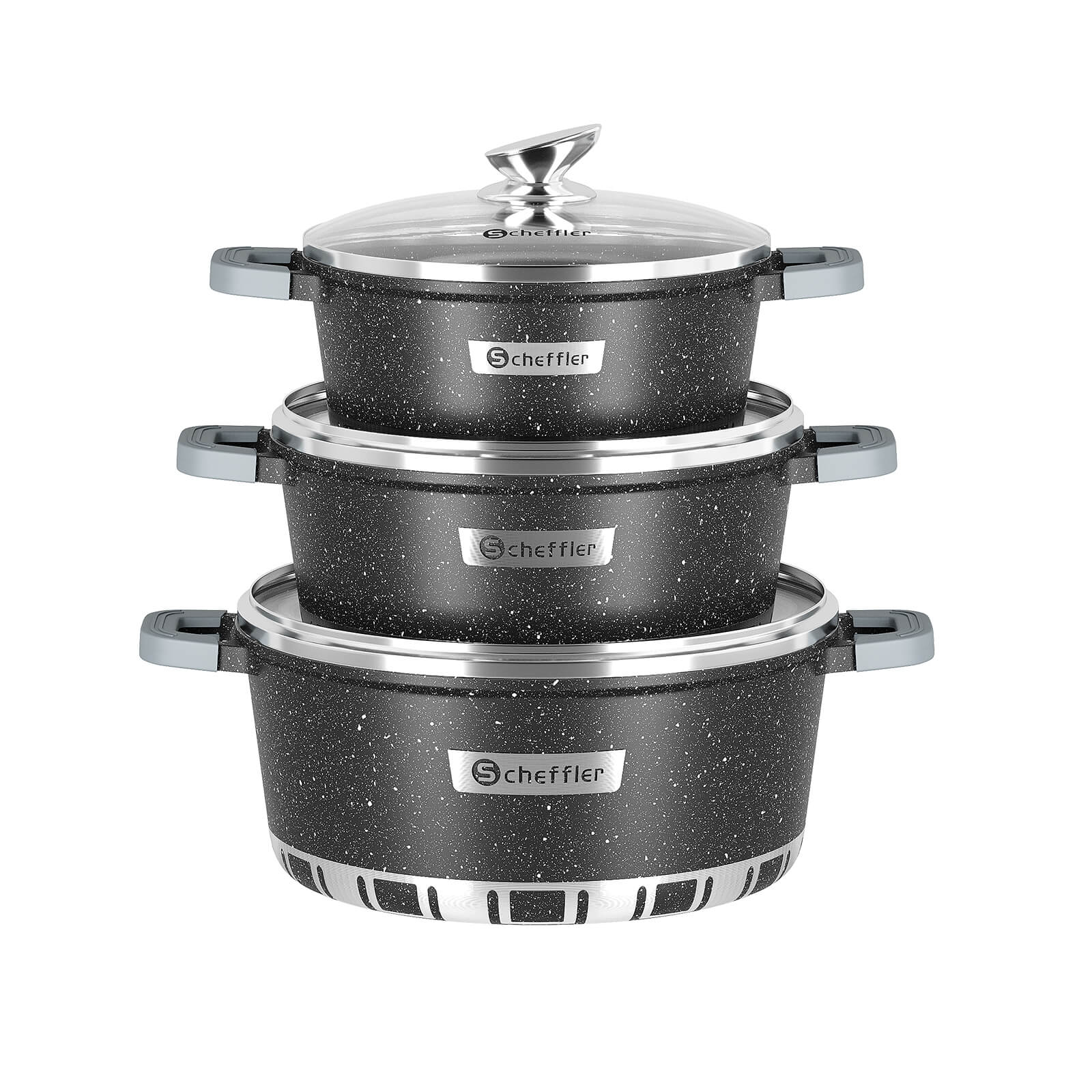 Scheffler Topfset Kochtopf Set mit Glasdeckel, Antihaftbeschichtung, Induktion, für alle Herdarten geeignet