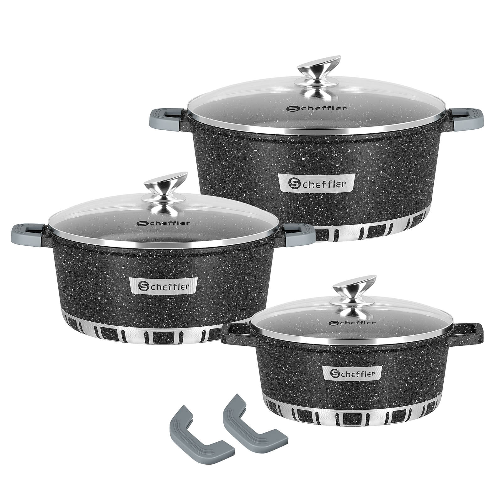 Scheffler Topfset Kochtopf Set mit Glasdeckel, Antihaftbeschichtung, Induktion, für alle Herdarten geeignet