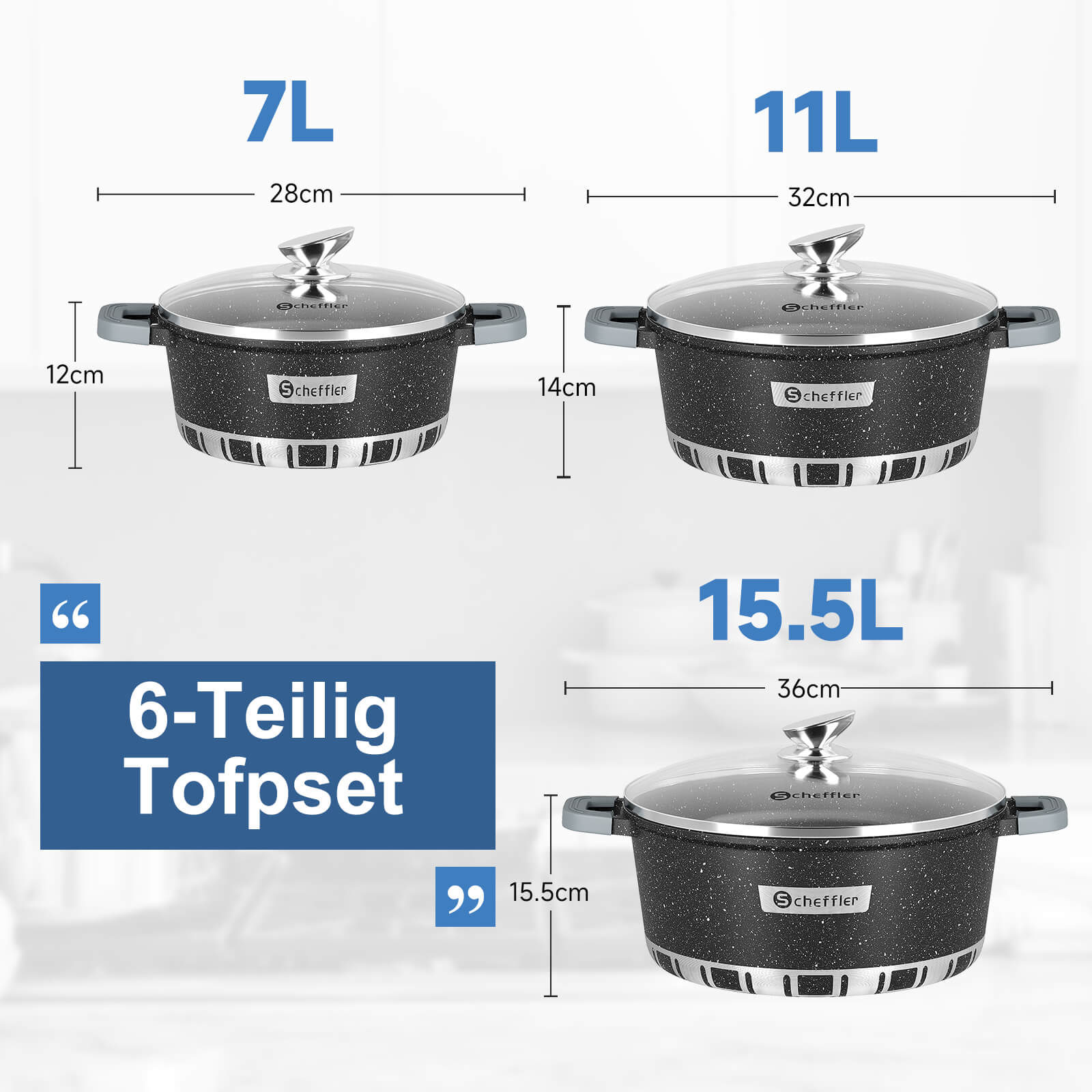 Scheffler Topfset Kochtopf Set mit Glasdeckel, Antihaftbeschichtung, Induktion, für alle Herdarten geeignet