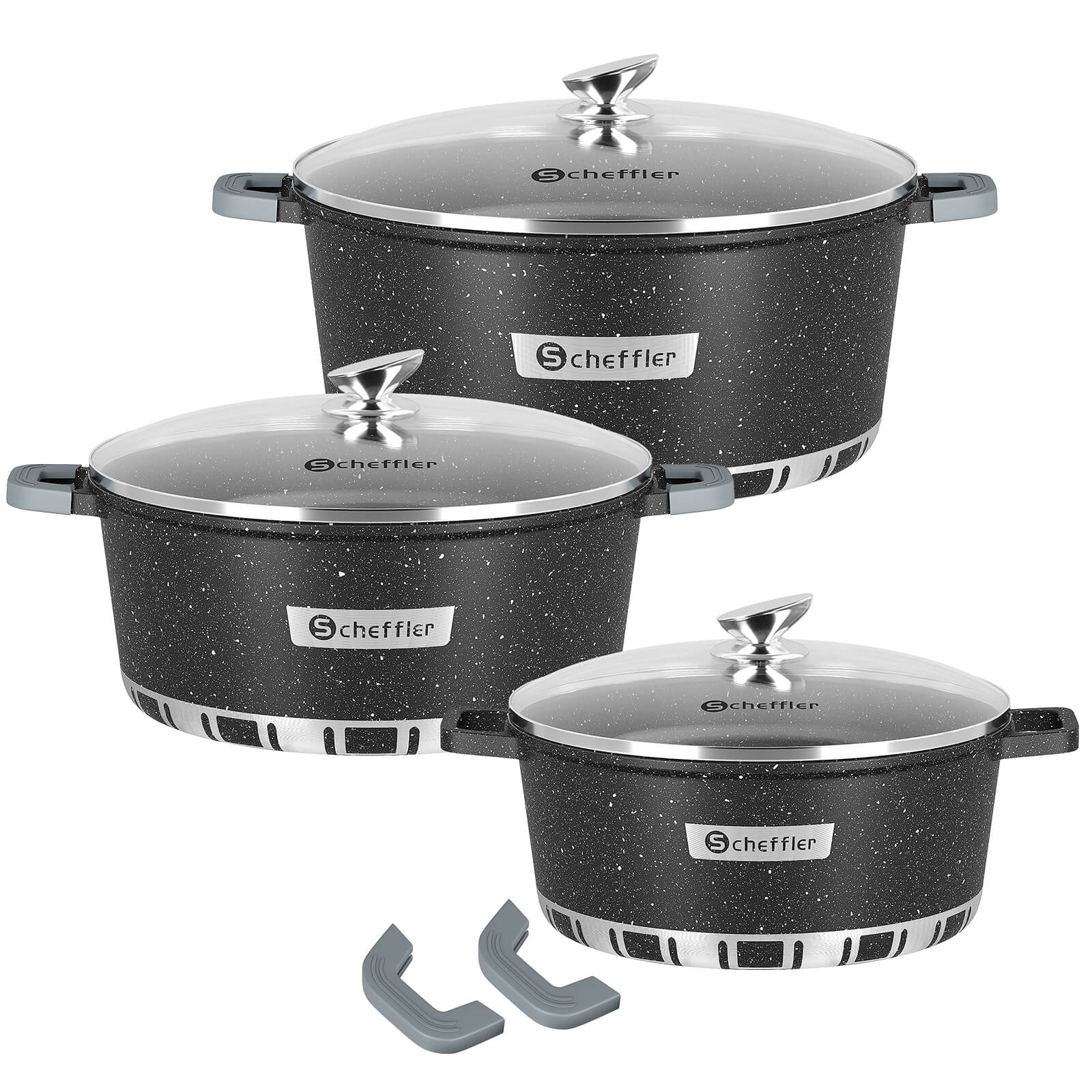 Scheffler Topfset Kochtopf Set mit Glasdeckel, Antihaftbeschichtung, Induktion, für alle Herdarten geeignet