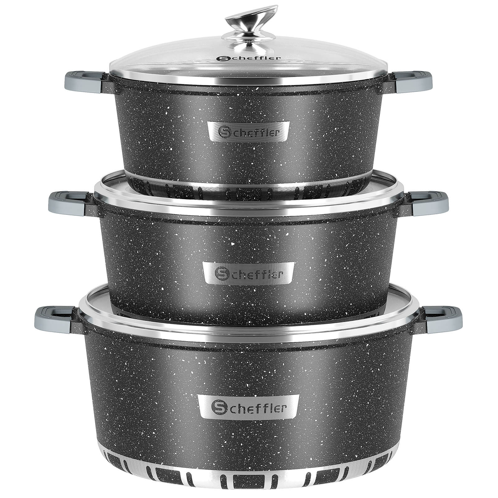 Scheffler Topfset Kochtopf Set mit Glasdeckel, Antihaftbeschichtung, Induktion, für alle Herdarten geeignet