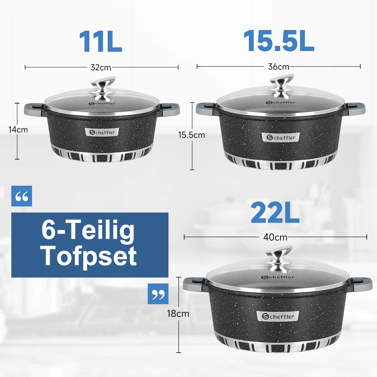 Scheffler Topfset Kochtopf Set mit Glasdeckel, Antihaftbeschichtung, Induktion, für alle Herdarten geeignet