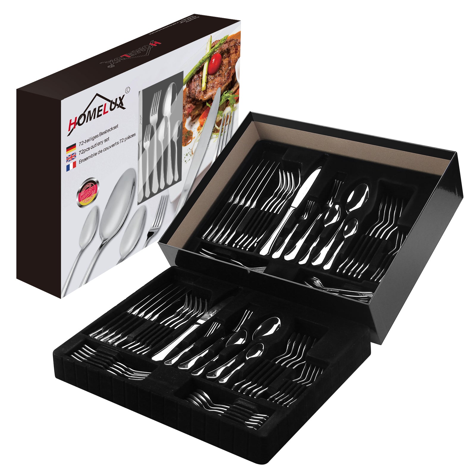 Homelux 72-teiliges Besteckset für 12 Personen, Edelstahl rostfrei, spülmaschinenfest, hochglanzpoliertes Tafelbesteck in Box