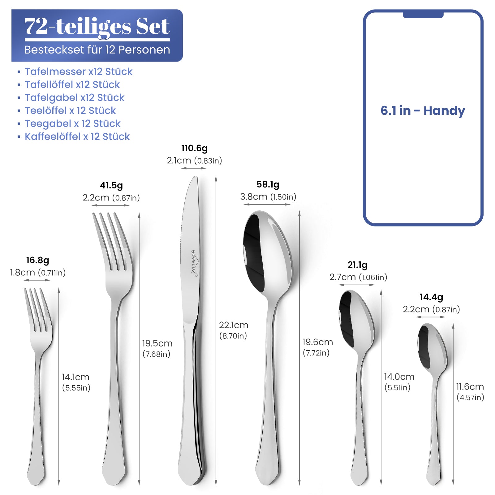 Homelux 72-teiliges Besteckset für 12 Personen, Edelstahl rostfrei, spülmaschinenfest, hochglanzpoliertes Tafelbesteck in Box