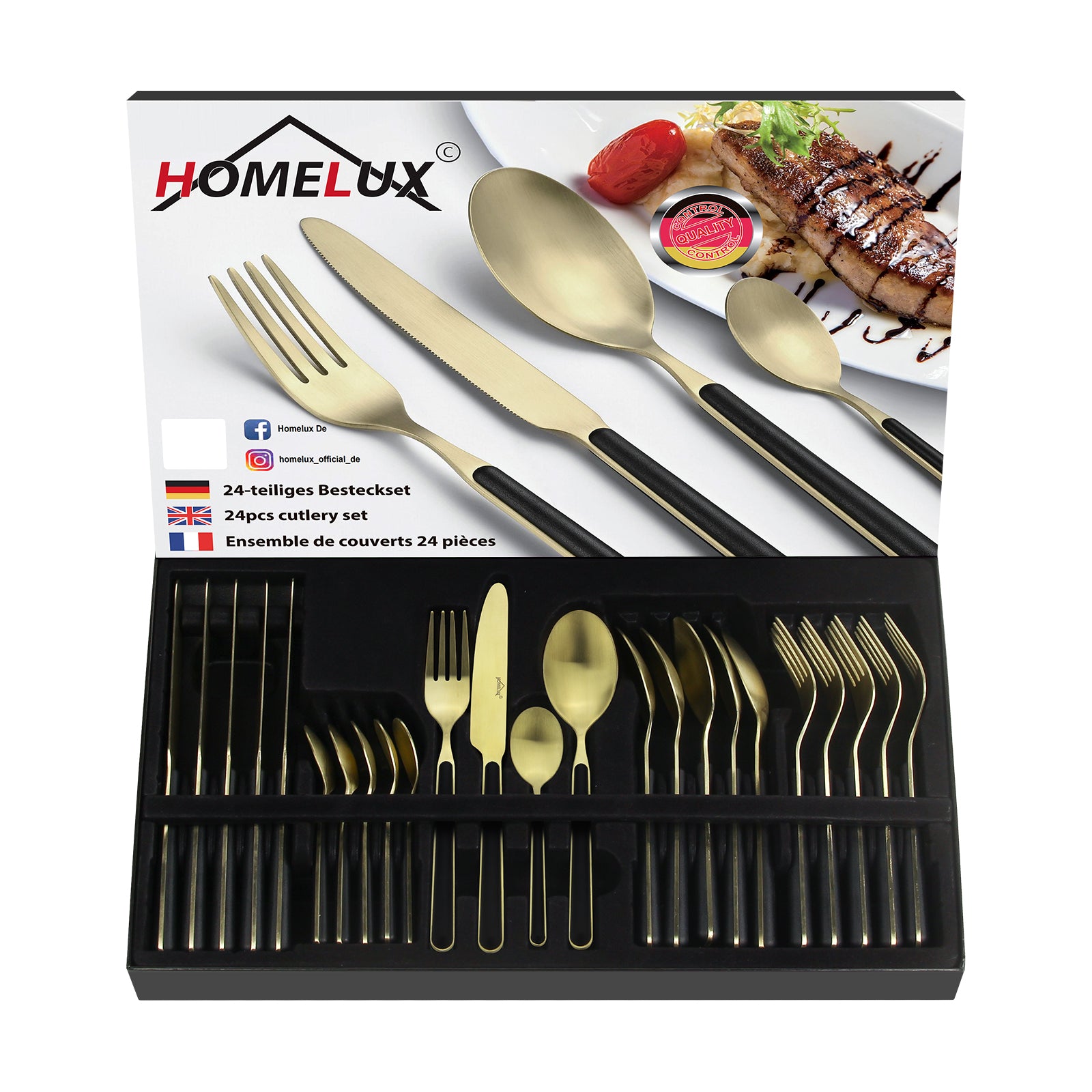 HOMELUX 24-teiliges Besteckset für 6 Personen, Edelstahl Tafelbesteck Schwarz-Gold, spülmaschinenfest, mit Geschenkbox
