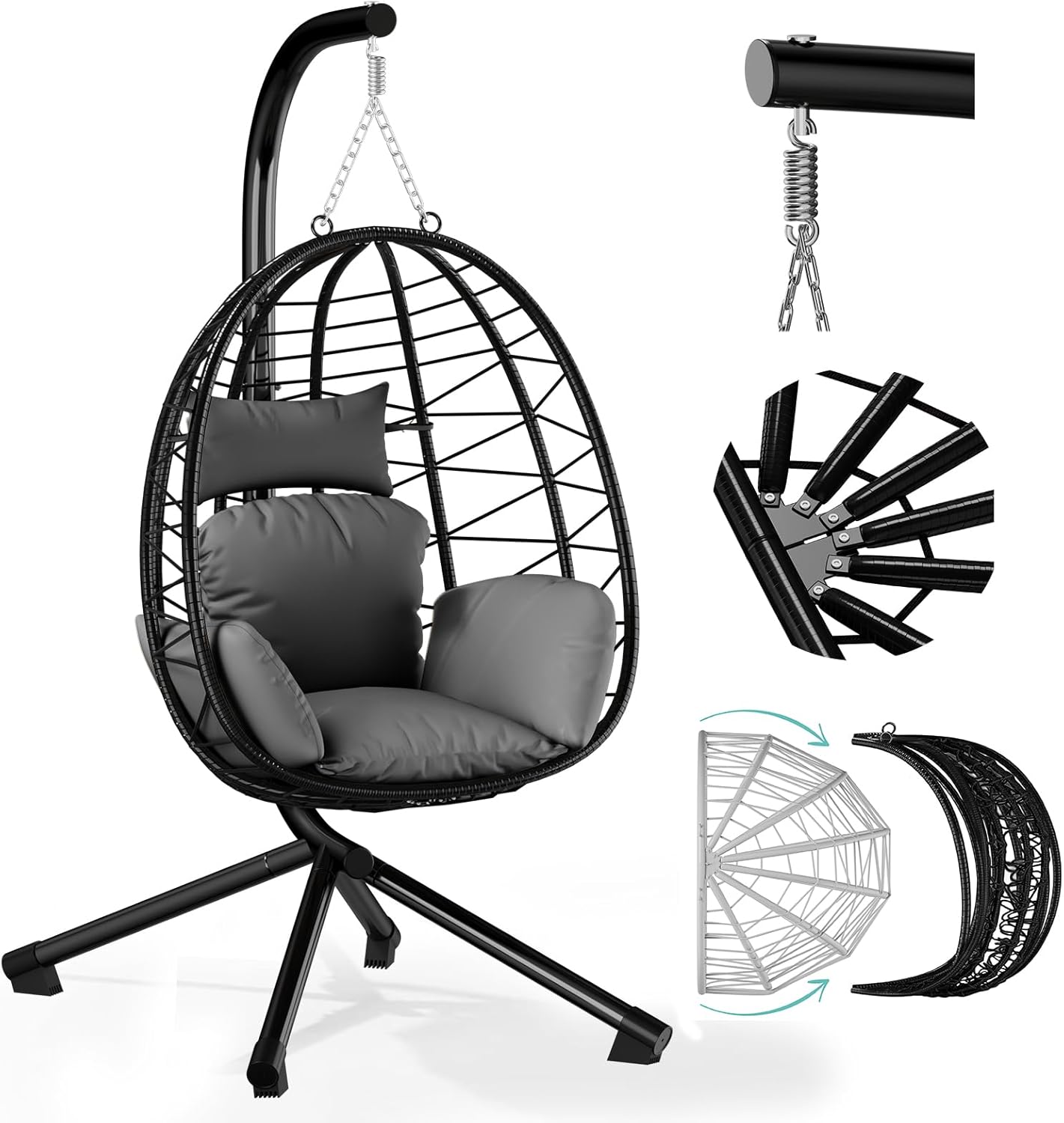 HOMELUX Hängesessel mit Gestell Hängematte Hängestuhl mit Kissen Schaukel Max. 130 kg, Grau