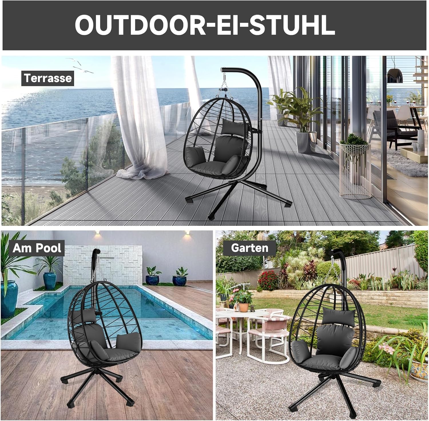 HOMELUX Hängesessel mit Gestell Hängematte Hängestuhl mit Kissen Schaukel Max. 130 kg, Grau